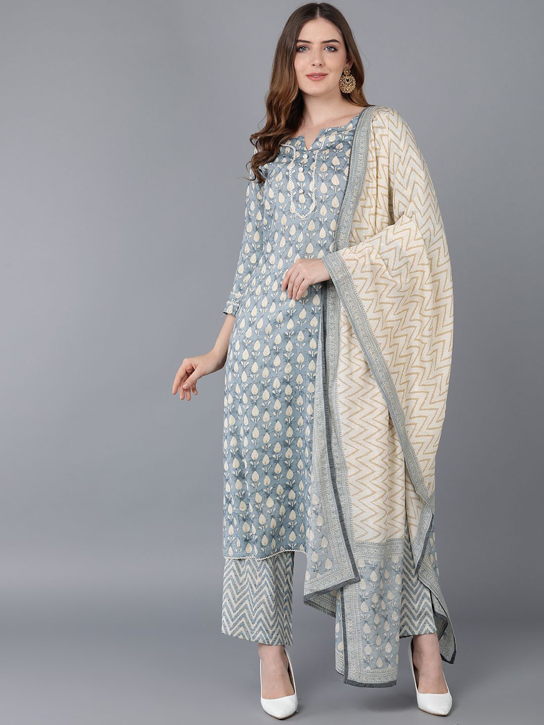 KALINI Ethnic Motifs Printed Thread Work Straight Kurta With Trousers & Dupatta, Grey
KALINI Ethnic Motifs Printed Thread Work Straight Kurta With Trousers & Dupatta, Grey