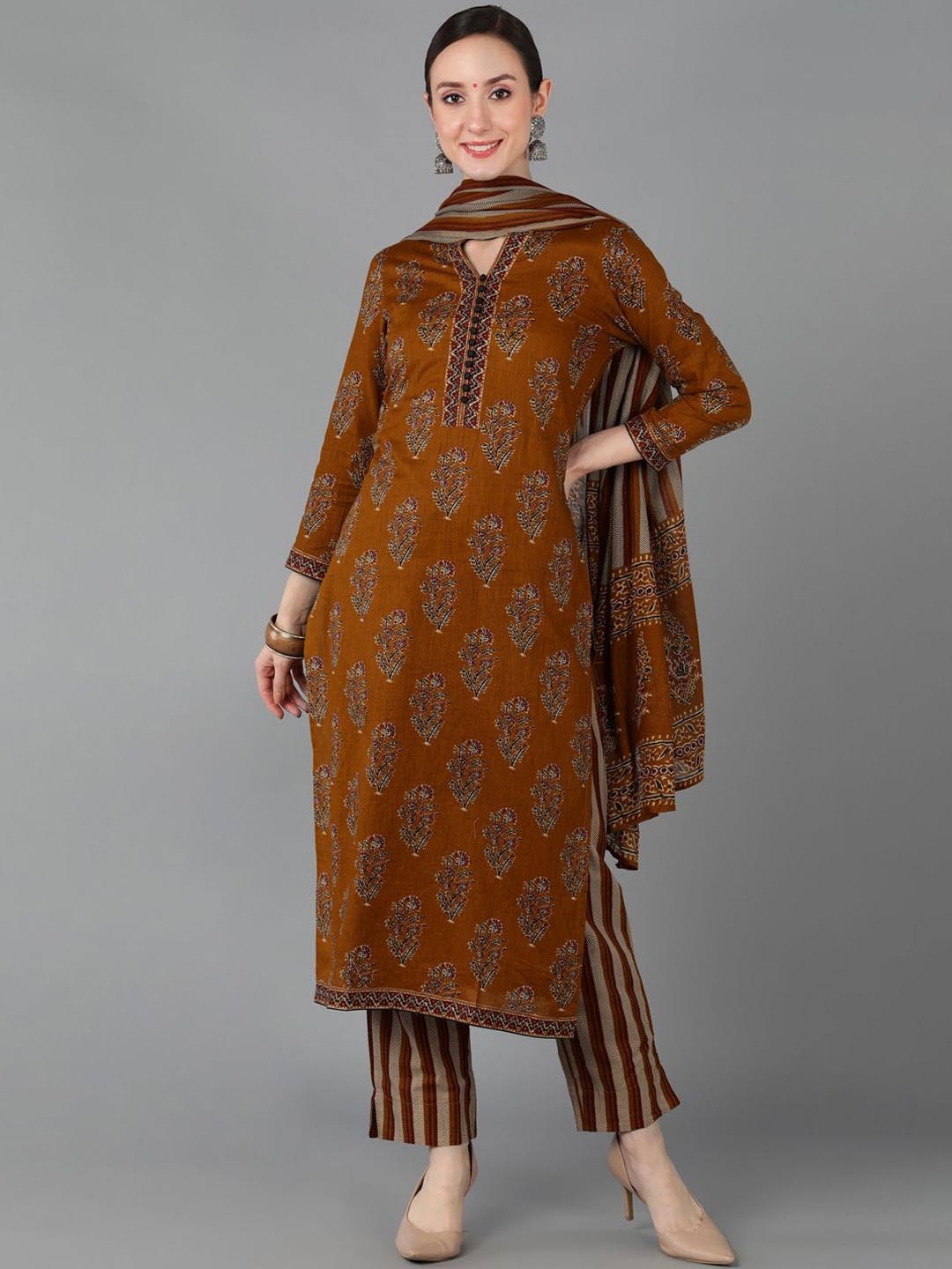 KALINI Floral Printed Mandarin Collar Pure Cotton Straight Kurta With Trousers & Dupatta, Brown
KALINI Floral Printed Mandarin Collar Pure Cotton Straight Kurta With Trousers & Dupatta, Brown