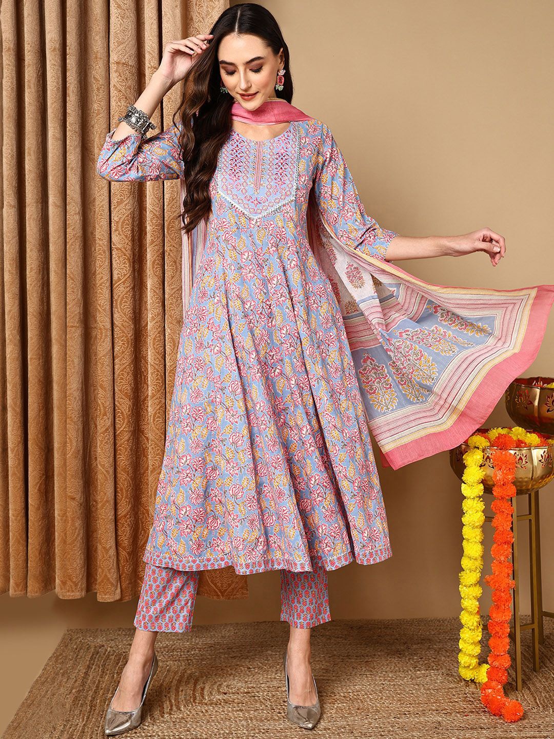 KALINI Floral Printed Anarkali Thread Work Pure Cotton Kurta with Trousers & Dupatta, Blue
KALINI Floral Printed Anarkali Thread Work Pure Cotton Kurta with Trousers & Dupatta, Blue