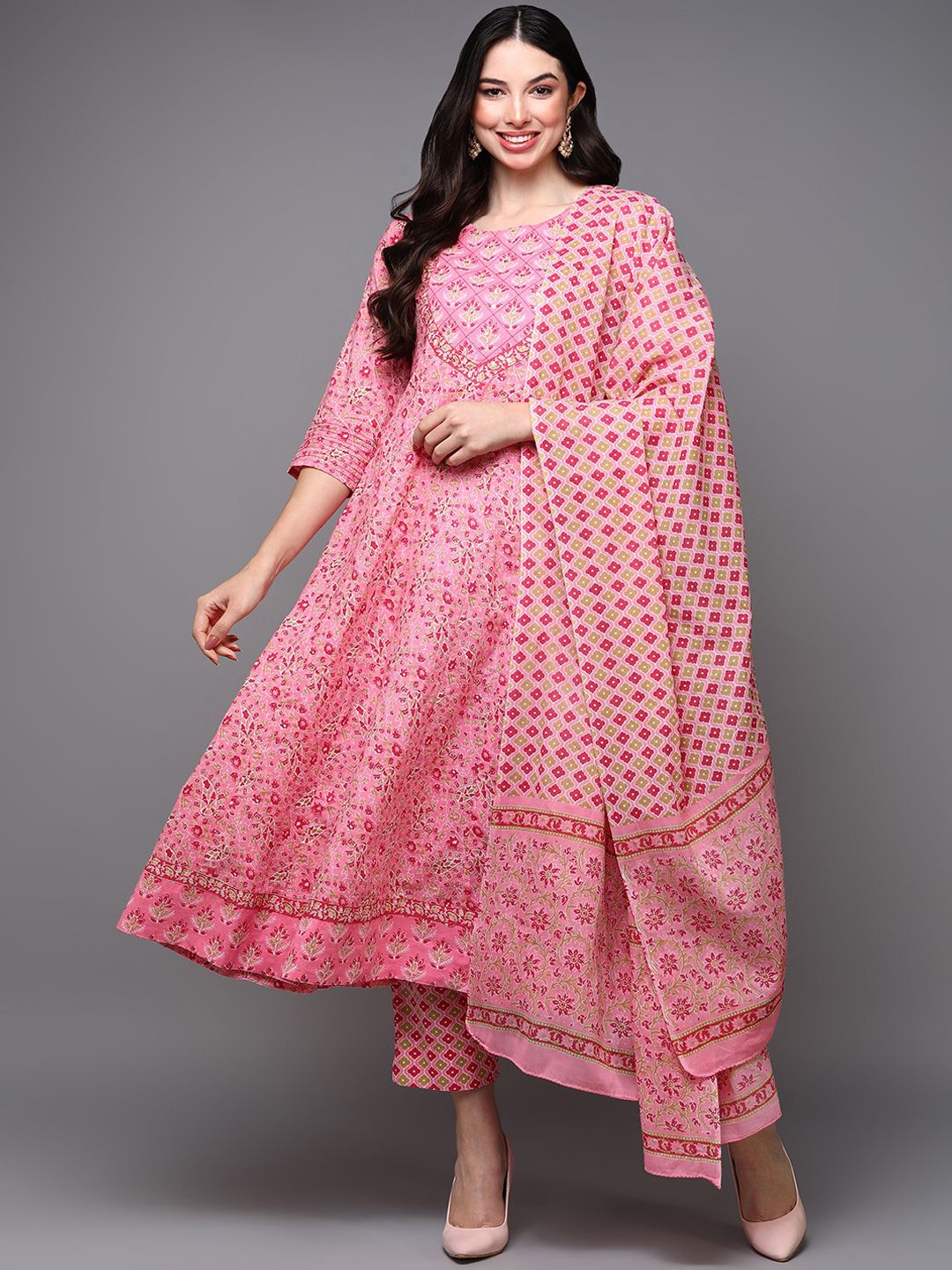 KALINI Floral Printed Empire Pure Cotton Anarkali Kurta With Trousers & Dupatta, Pink
KALINI Floral Printed Empire Pure Cotton Anarkali Kurta With Trousers & Dupatta, Pink