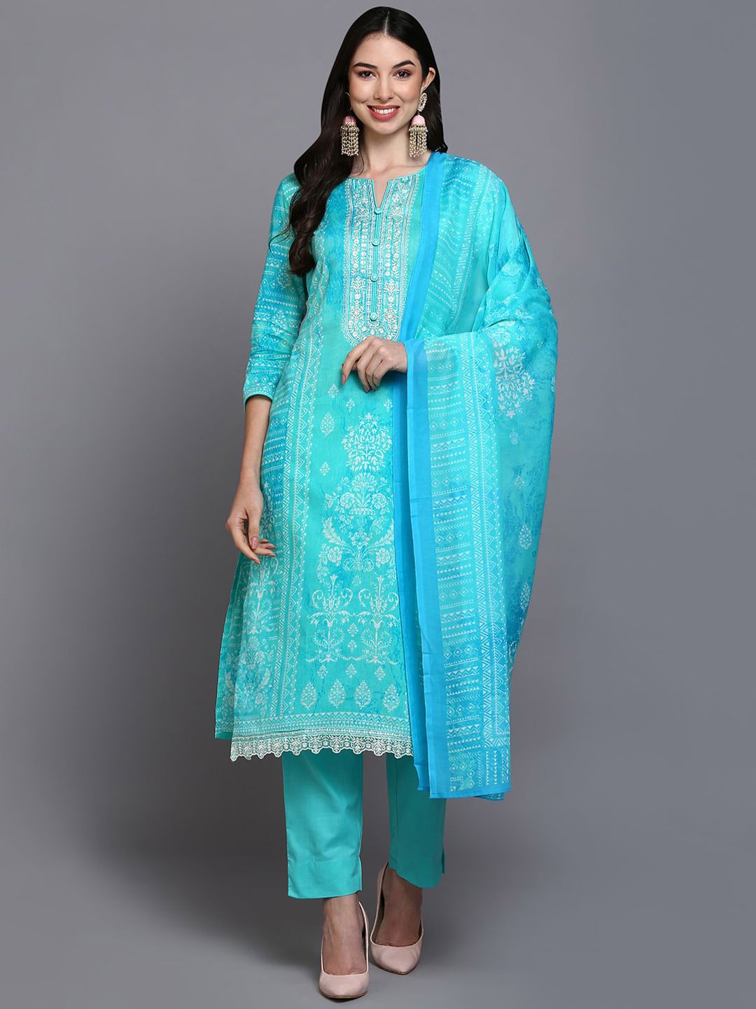KALINI Ethnic Motifs Printed Pure Cotton Straight Kurta With Trousers & Dupatta, Turquoise blue
KALINI Ethnic Motifs Printed Pure Cotton Straight Kurta With Trousers & Dupatta, Turquoise blue