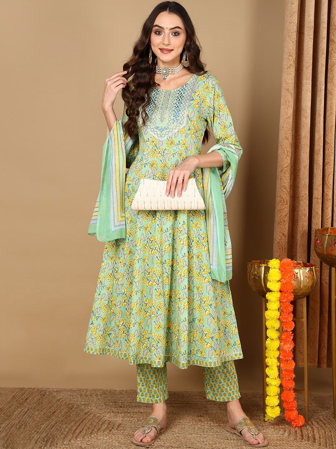 KALINI Floral Printed Anarkali Thread Work Pure Cotton Kurta with Trousers & Dupatta, Green
KALINI Floral Printed Anarkali Thread Work Pure Cotton Kurta with Trousers & Dupatta, Green