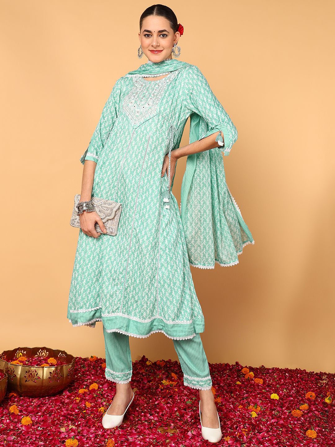KALINI Ethnic Motifs Printed Mirror Work Anarkali Kurta With Trousers & Dupatta, Sea green
KALINI Ethnic Motifs Printed Mirror Work Anarkali Kurta With Trousers & Dupatta, Sea green