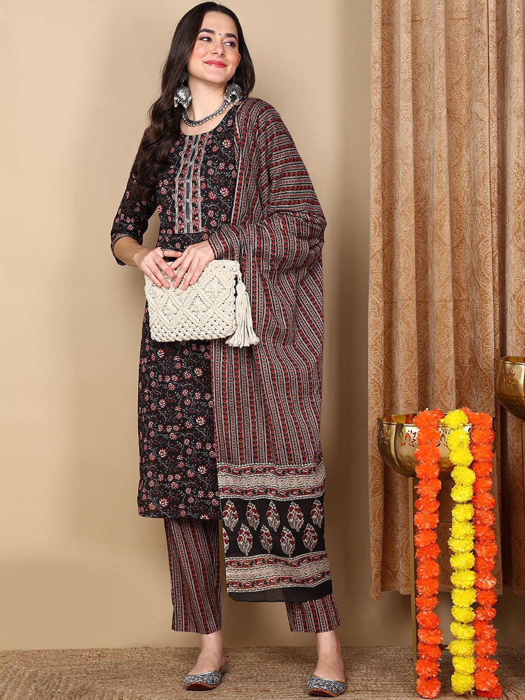 KALINI Floral Printed Round Neck Pure Cotton Straight Kurta With Trousers & Dupatta, Black
KALINI Floral Printed Round Neck Pure Cotton Straight Kurta With Trousers & Dupatta, Black