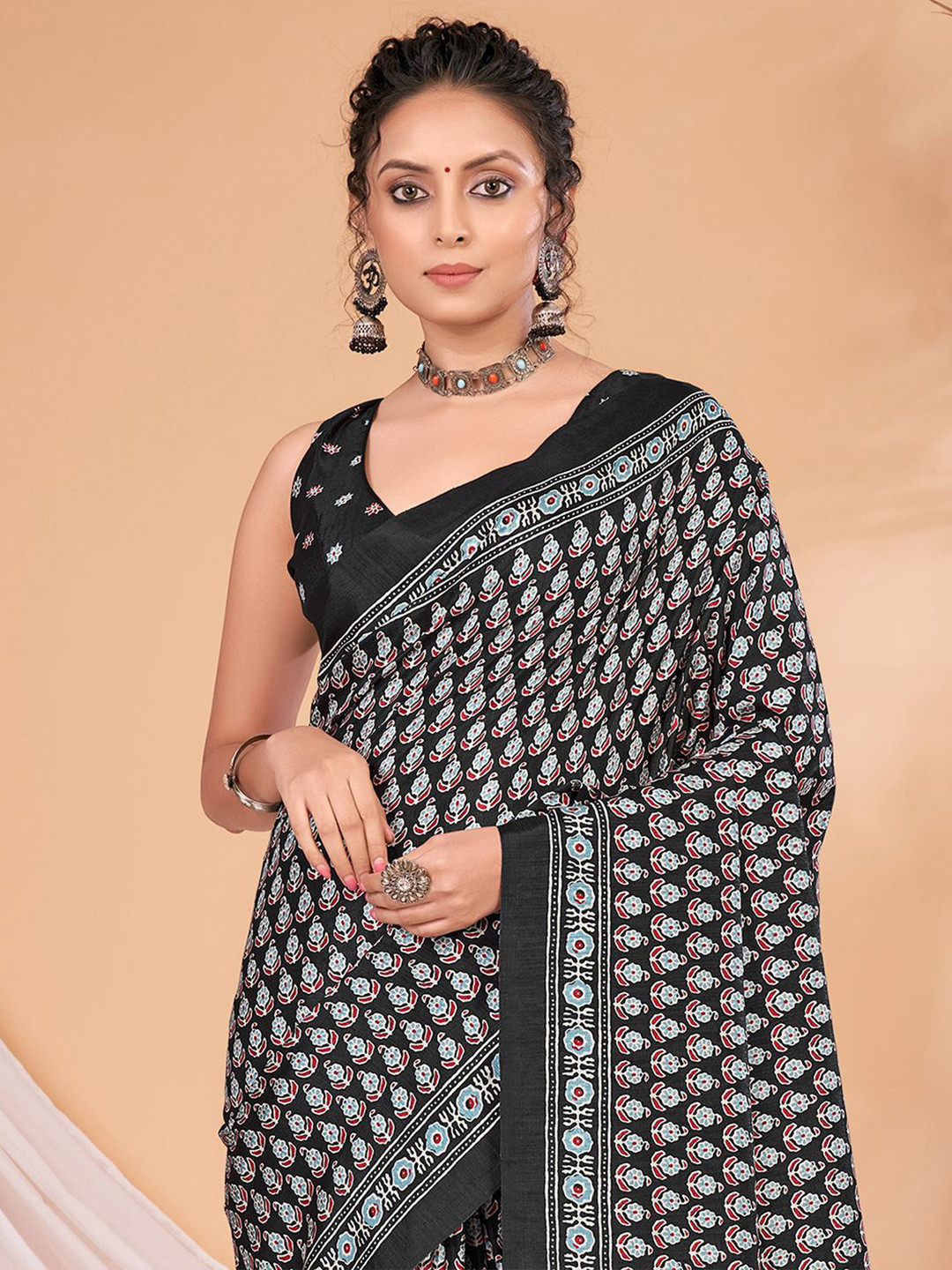 Saree mall Ethnic Motifs Block Print Sarees, Black 
Saree mall Ethnic Motifs Block Print Sarees, Black