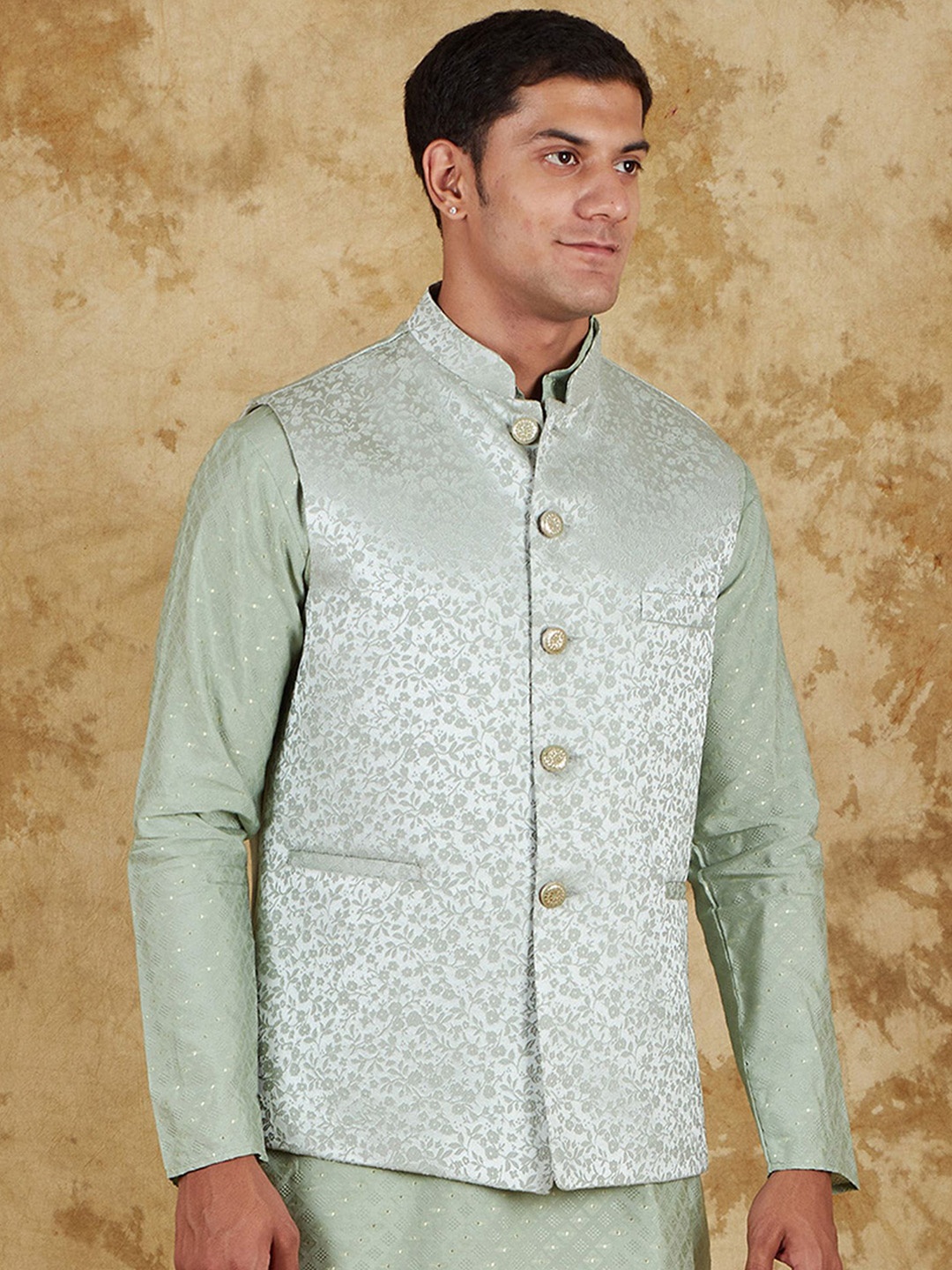 BLUESAANCHI Woven Design Jacquard Waistcoat celadon men's Nehru Jacket, Green
BLUESAANCHI Woven Design Jacquard Waistcoat celadon men's Nehru Jacket, Green