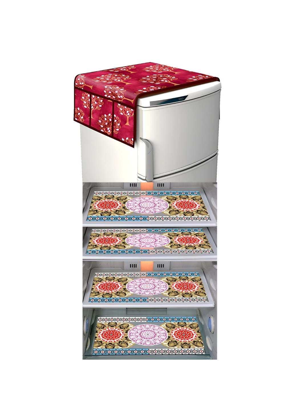 LooMantha Maroon & Pink 5 Pieces Floral Printed Fridge Mats & Top Cover