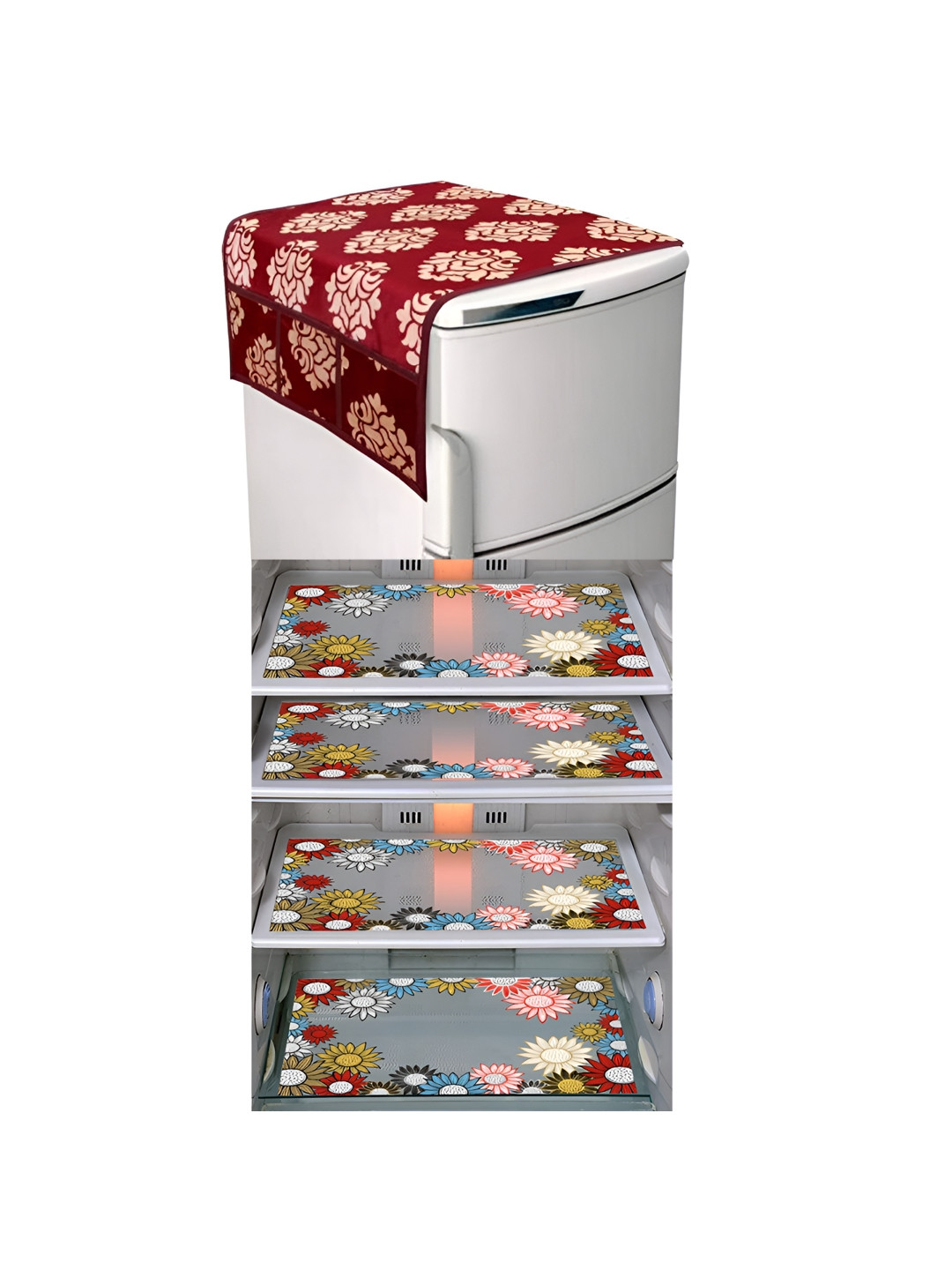 LooMantha Maroon & Pink 5 Pieces Printed Fridge Cover With Side Storage & Fridge Mats
LooMantha Maroon & Pink 5 Pieces Printed Fridge Cover With Side Storage & Fridge Mats