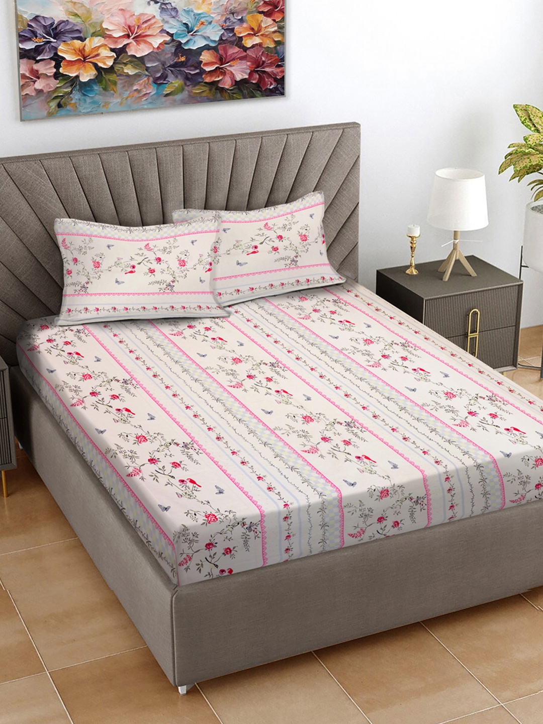FABINALIV White & Pink Floral Print 300 TC Super King Size Bedsheet & 2 Pillow Covers
FABINALIV White & Pink Floral Print 300 TC Super King Size Bedsheet & 2 Pillow Covers