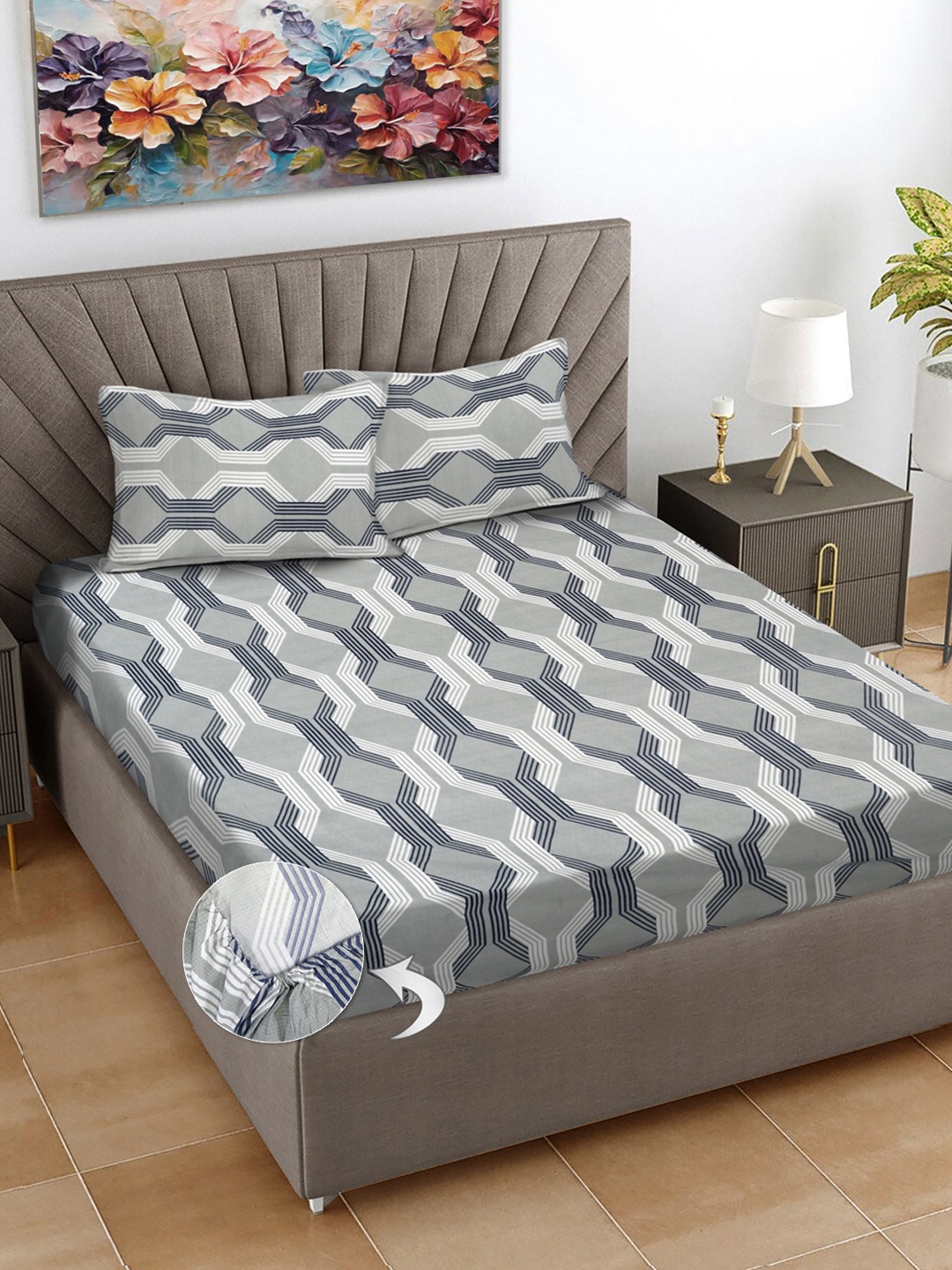 FABINALIV Grey & White Geometric Print 300 TC Fitted King Bedsheet & 2 Pillow Covers
FABINALIV Grey & White Geometric Print 300 TC Fitted King Bedsheet & 2 Pillow Covers