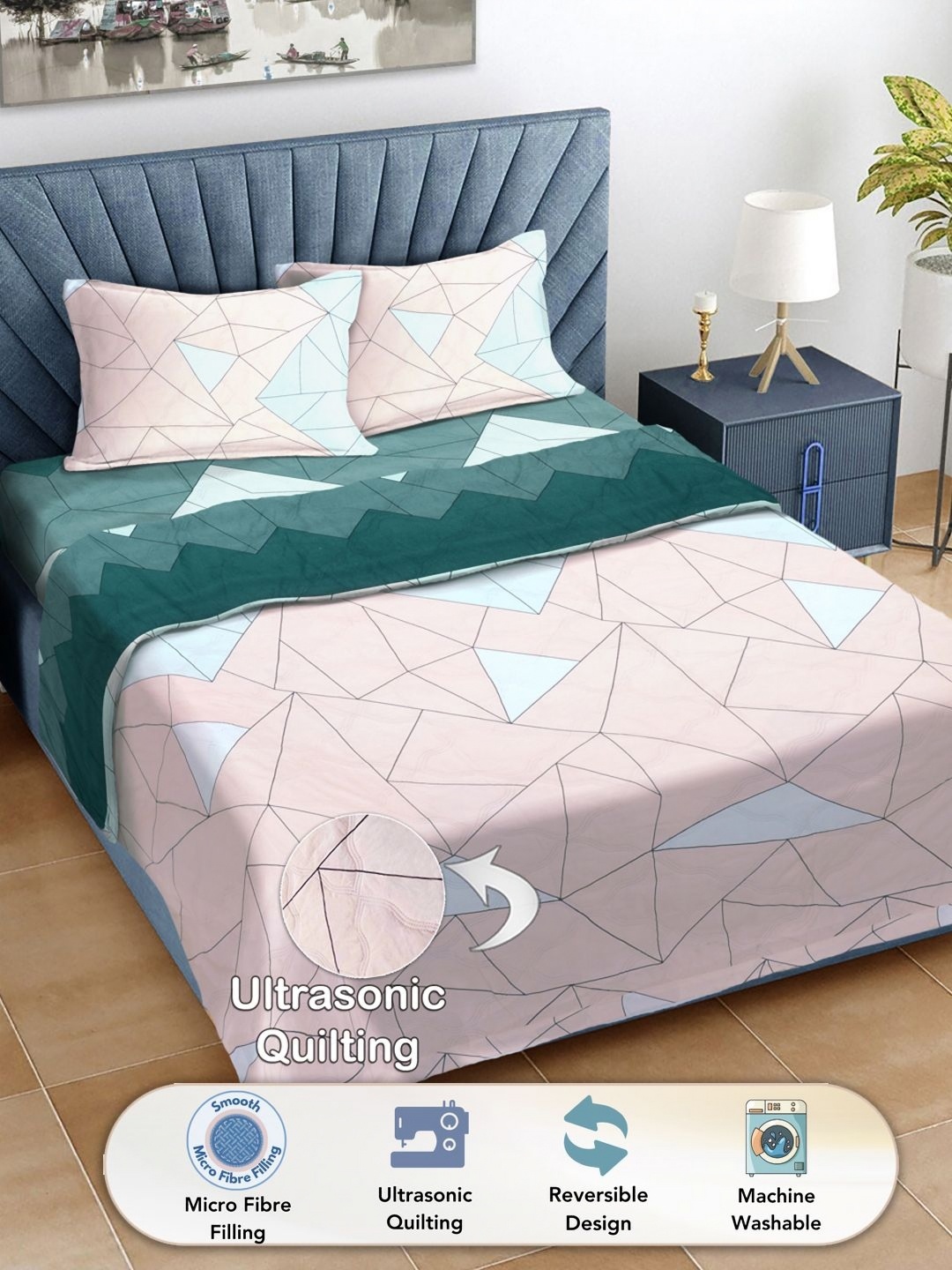 FABINALIV Pink & Blue Geometric Printed Fine Reversible Double King Bedding Set
FABINALIV Pink & Blue Geometric Printed Fine Reversible Double King Bedding Set