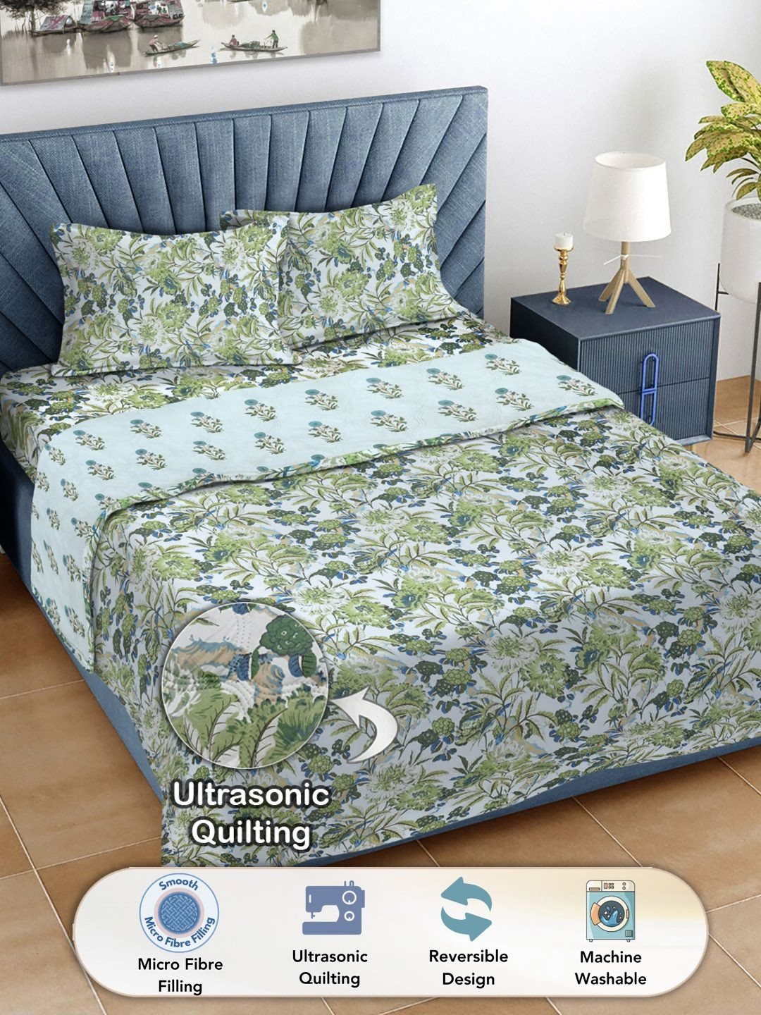 FABINALIV Green & Blue Floral Printed Superfine Reversible Double King Bedding Set
FABINALIV Green & Blue Floral Printed Superfine Reversible Double King Bedding Set