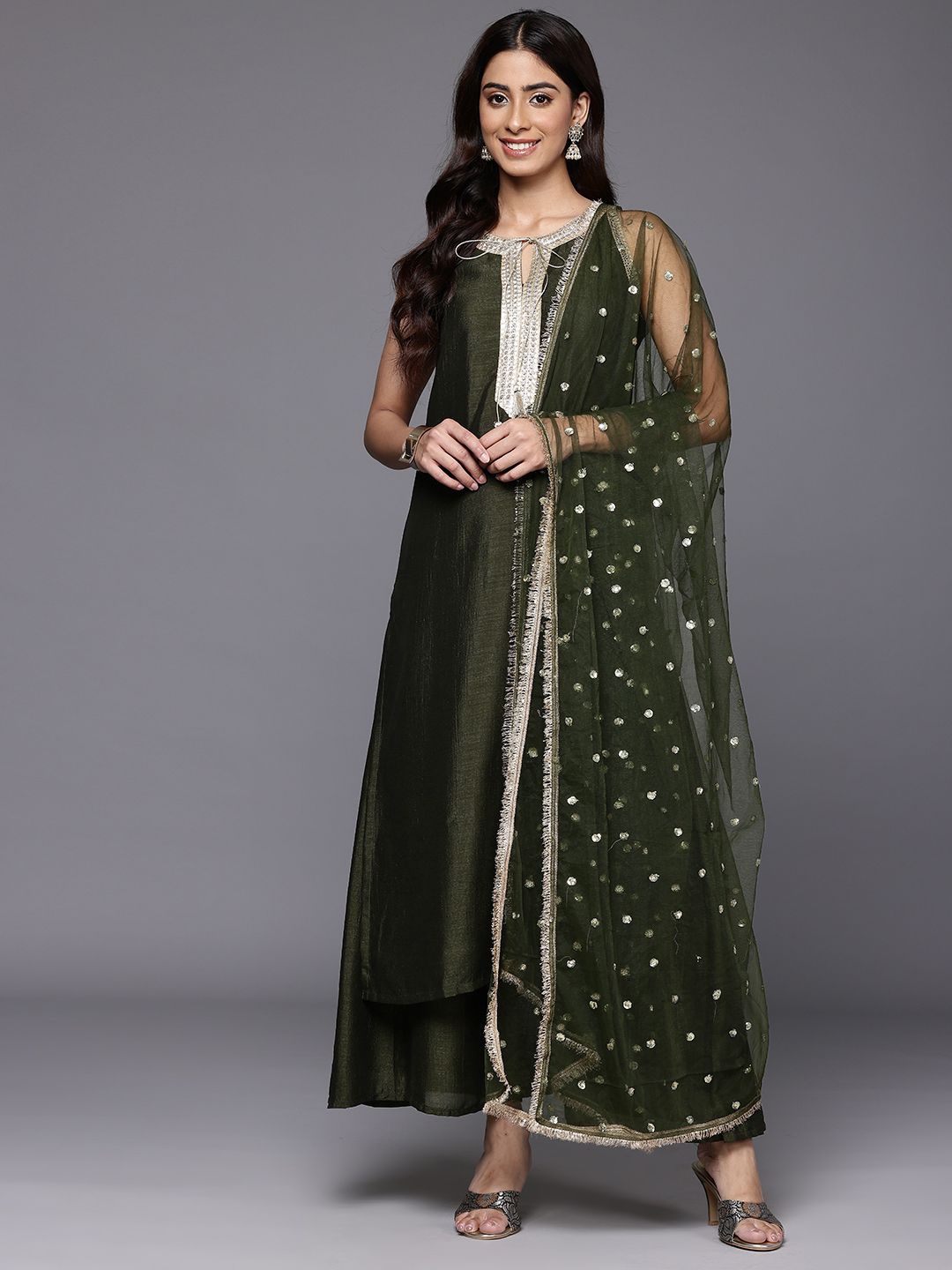 Varanga Ethnic Motifs Embroidered Sequinned Straight Kurta & Trousers With Dupatta, Olive
Varanga Ethnic Motifs Embroidered Sequinned Straight Kurta & Trousers With Dupatta, Olive