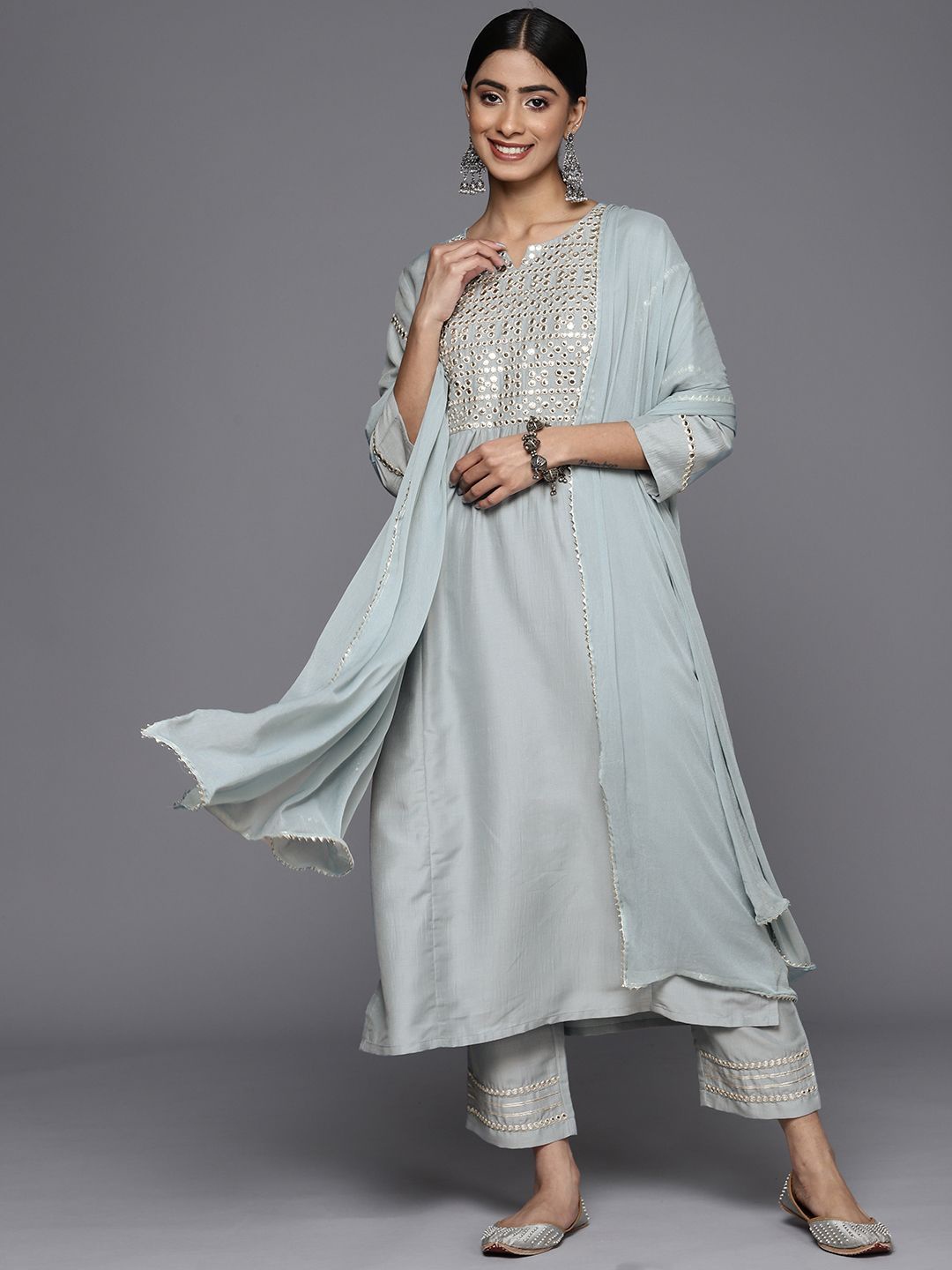Varanga Embroidered Mirror Work Notch Neck Panelled Kurta & Trousers With Dupatta, Blue
Varanga Embroidered Mirror Work Notch Neck Panelled Kurta & Trousers With Dupatta, Blue