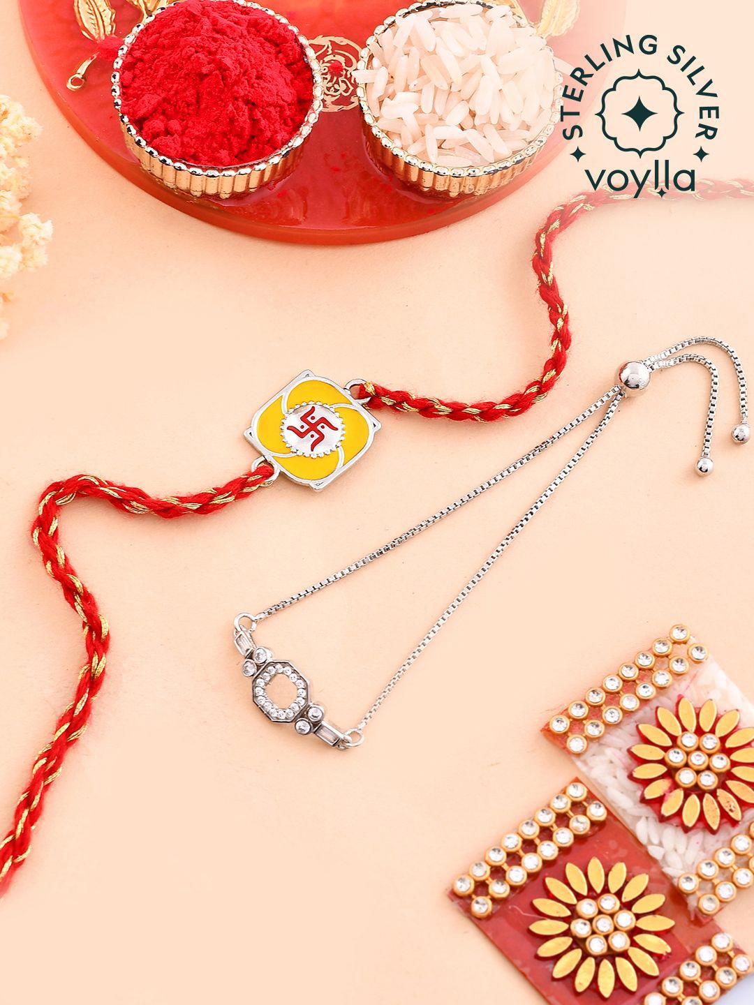 Studio Voylla Set Of 2 925 Sterling Silver Swastik Bhaiya Bhabhi Rakhi With Roli Chawal
Studio Voylla Set Of 2 925 Sterling Silver Swastik Bhaiya Bhabhi Rakhi With Roli Chawal