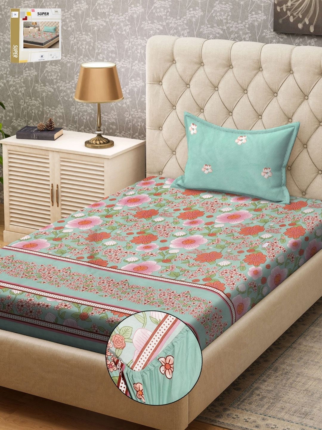 KLOTTHE Green & Rust Orange Floral Printed 300TC Fitted Single Bedsheet & Pillow Cover
KLOTTHE Green & Rust Orange Floral Printed 300TC Fitted Single Bedsheet & Pillow Cover