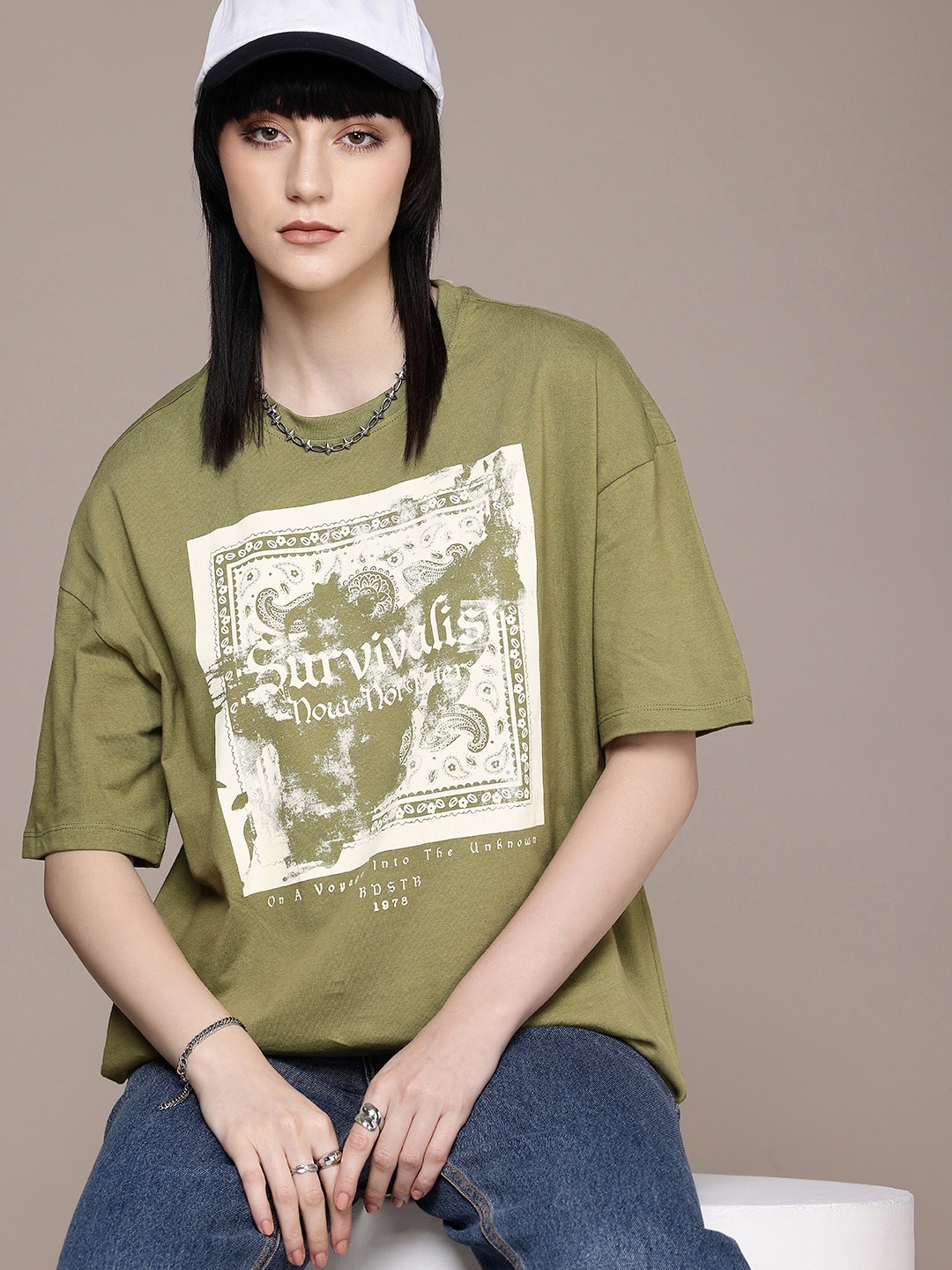 The Roadster Life Co. Printed Drop-Shoulder Sleeves Oversized Pure Cotton T-shirt, Olive
The Roadster Life Co. Printed Drop-Shoulder Sleeves Oversized Pure Cotton T-shirt, Olive