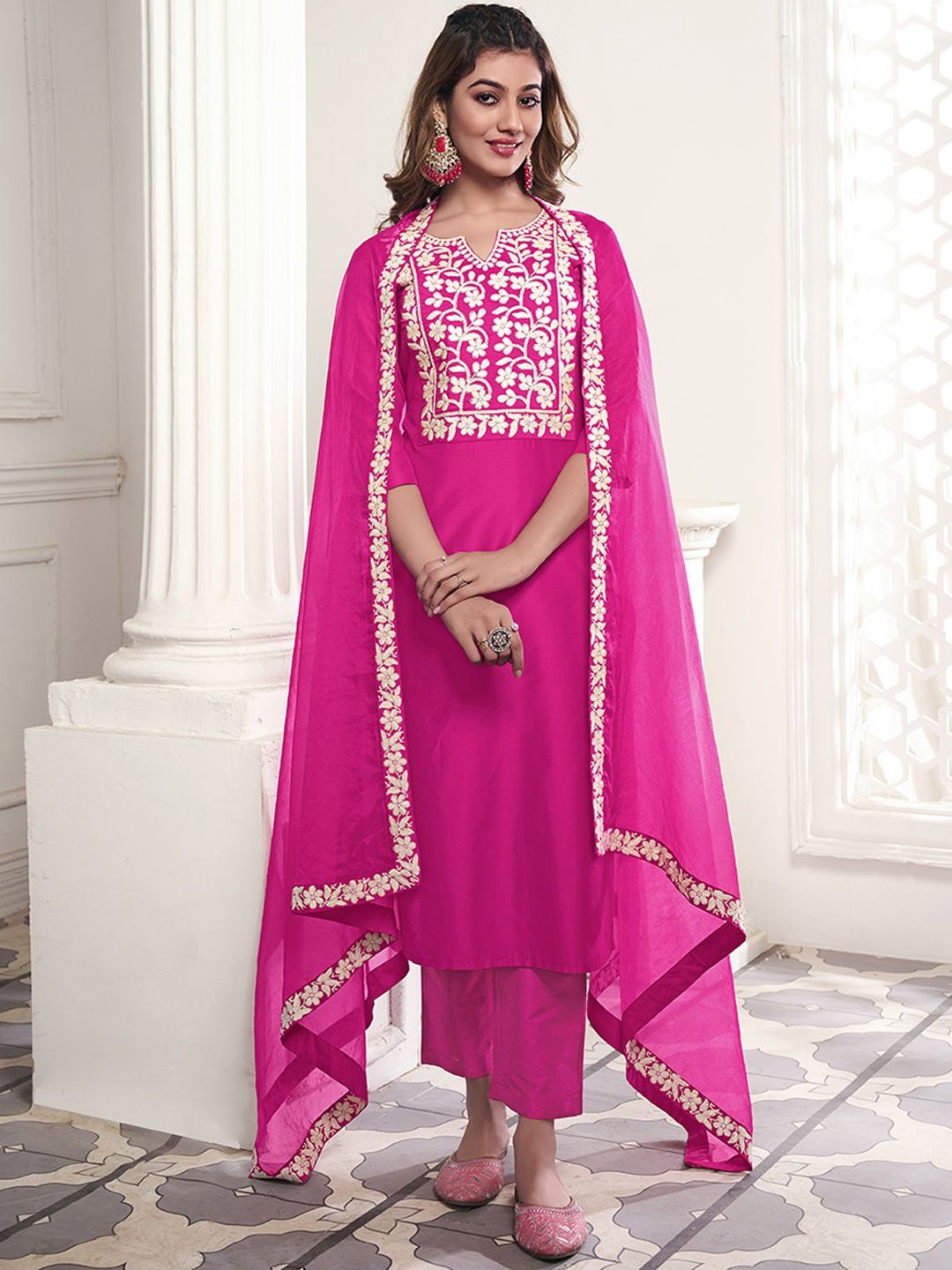 Inddus Floral Yoke Design Notch Neck Thread Work Kurta With Trousers & Dupatta, Magenta
Inddus Floral Yoke Design Notch Neck Thread Work Kurta With Trousers & Dupatta, Magenta