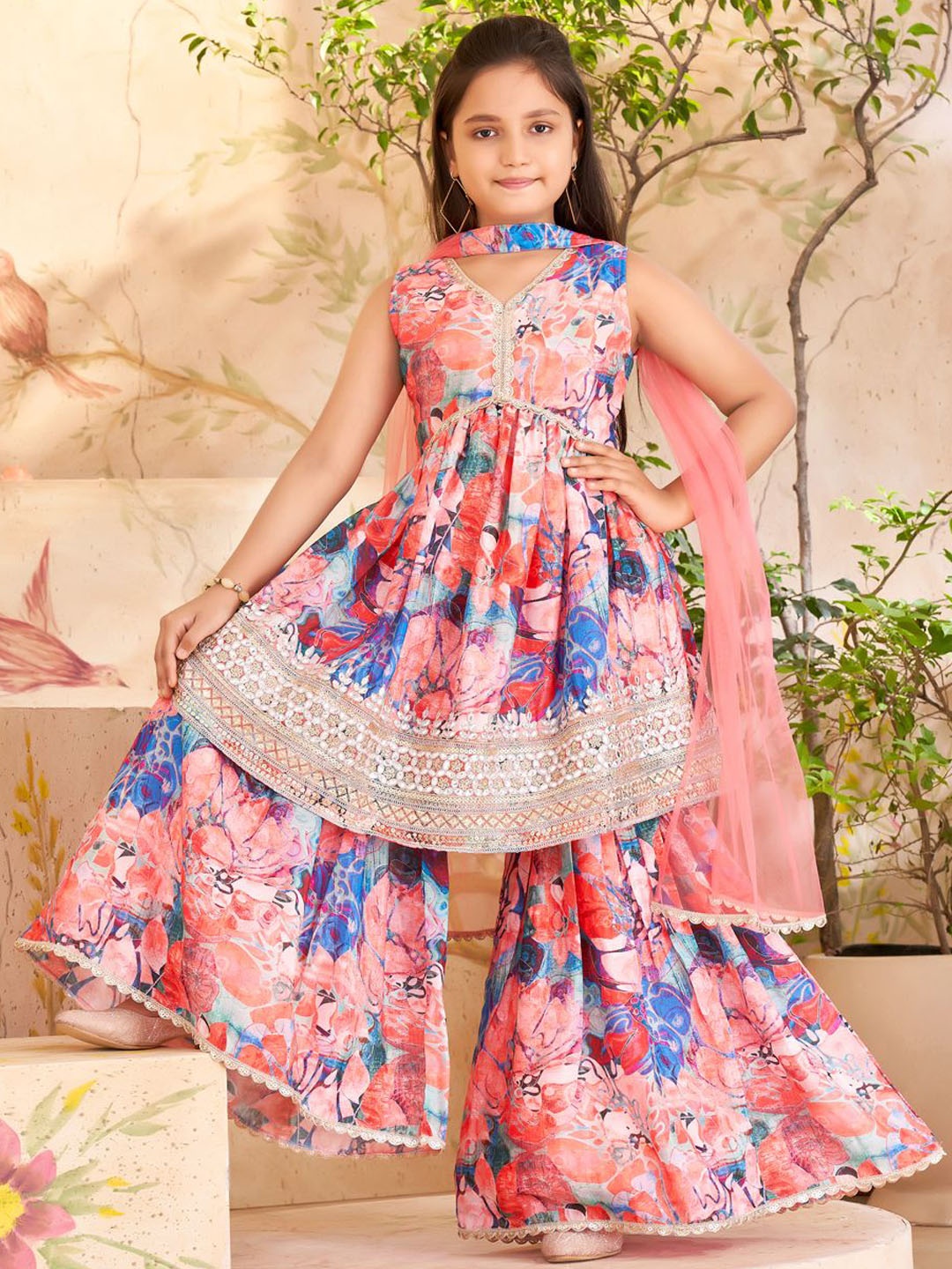 BAESD Girls Abstract Printed Pleated Sequinned Pure Silk Kurta With Sharara & Dupatta, Orange
BAESD Girls Abstract Printed Pleated Sequinned Pure Silk Kurta With Sharara & Dupatta, Orange