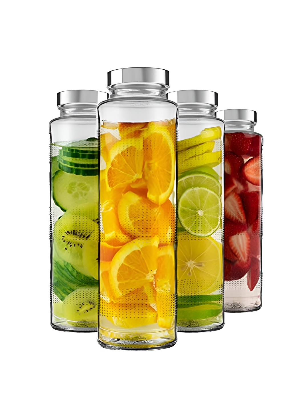 tyche enterprises Transparent & Silver Toned 4 Pieces Glass Water Bottles 750 ml Each
tyche enterprises Transparent & Silver Toned 4 Pieces Glass Water Bottles 750 ml Each
