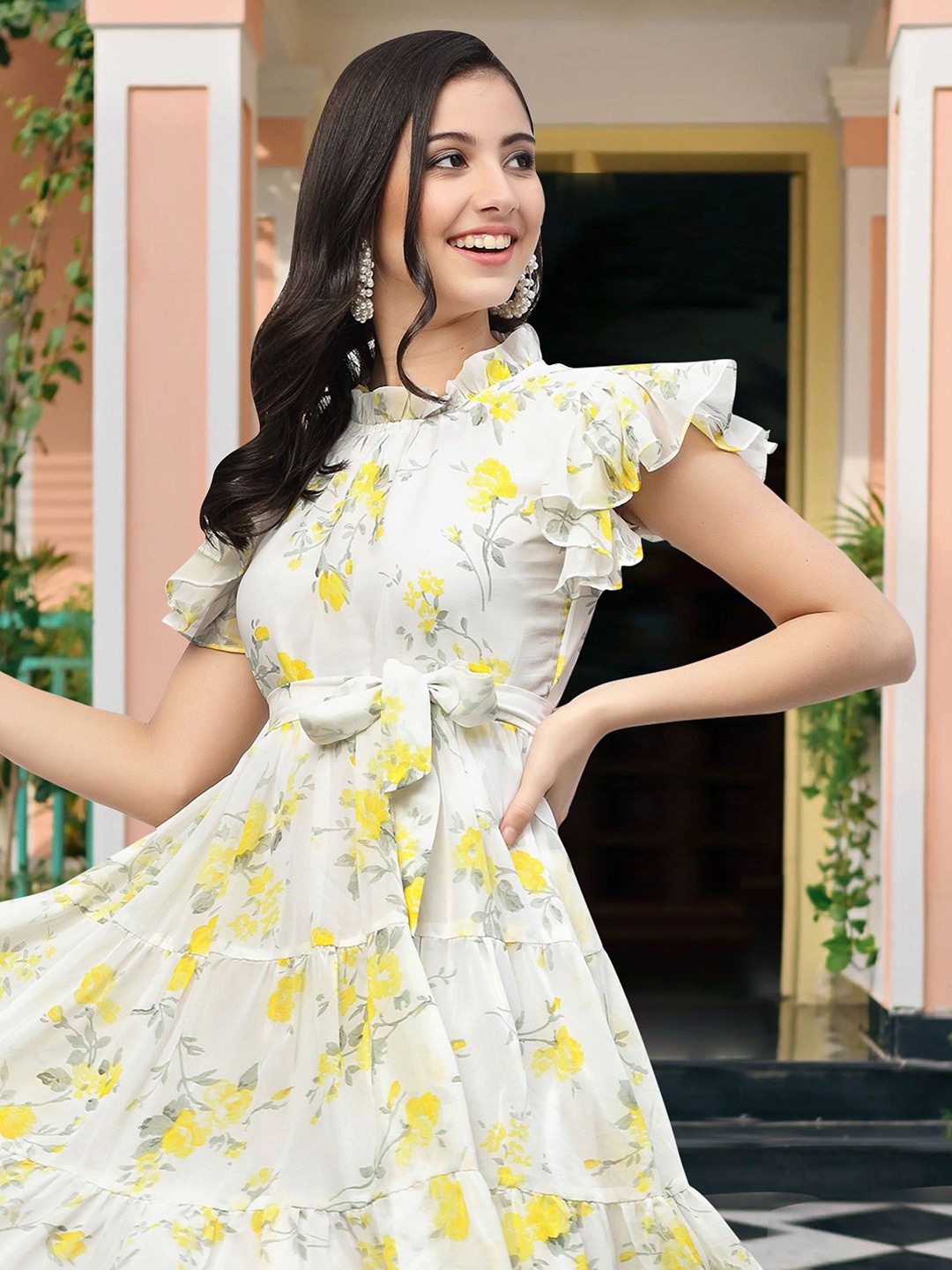 MISS AYSE Floral Print Mock Neck Flutter Sleeve Georgette Fit and Flare Dress, Yellow
MISS AYSE Floral Print Mock Neck Flutter Sleeve Georgette Fit and Flare Dress, Yellow