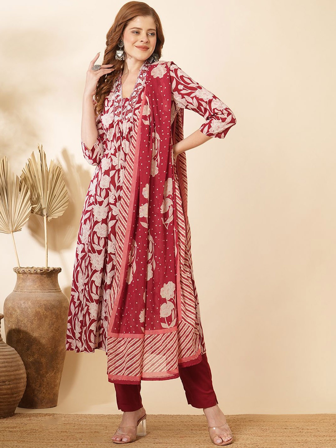 FASHOR Floral Printed Mirror Work Pure Cotton A-Line Kurta with Trousers & Dupatta, Red
FASHOR Floral Printed Mirror Work Pure Cotton A-Line Kurta with Trousers & Dupatta, Red