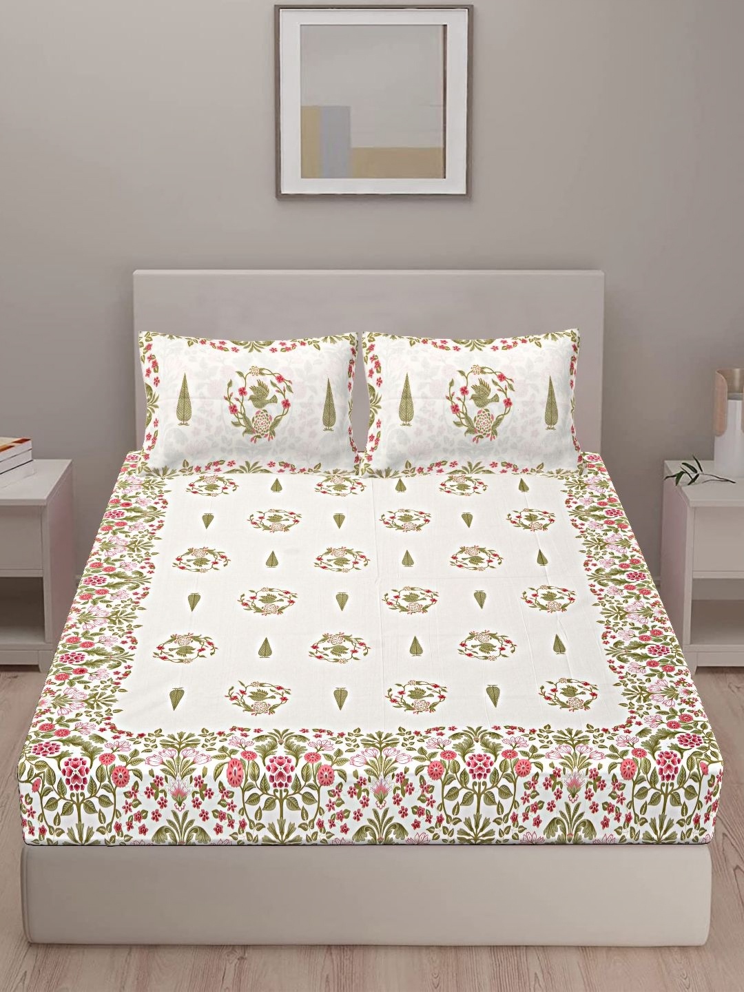 VANI E Sanganeri Green Floral Printed Cotton 250 TC King Bedsheet with 2 Pillow Covers
VANI E Sanganeri Green Floral Printed Cotton 250 TC King Bedsheet with 2 Pillow Covers