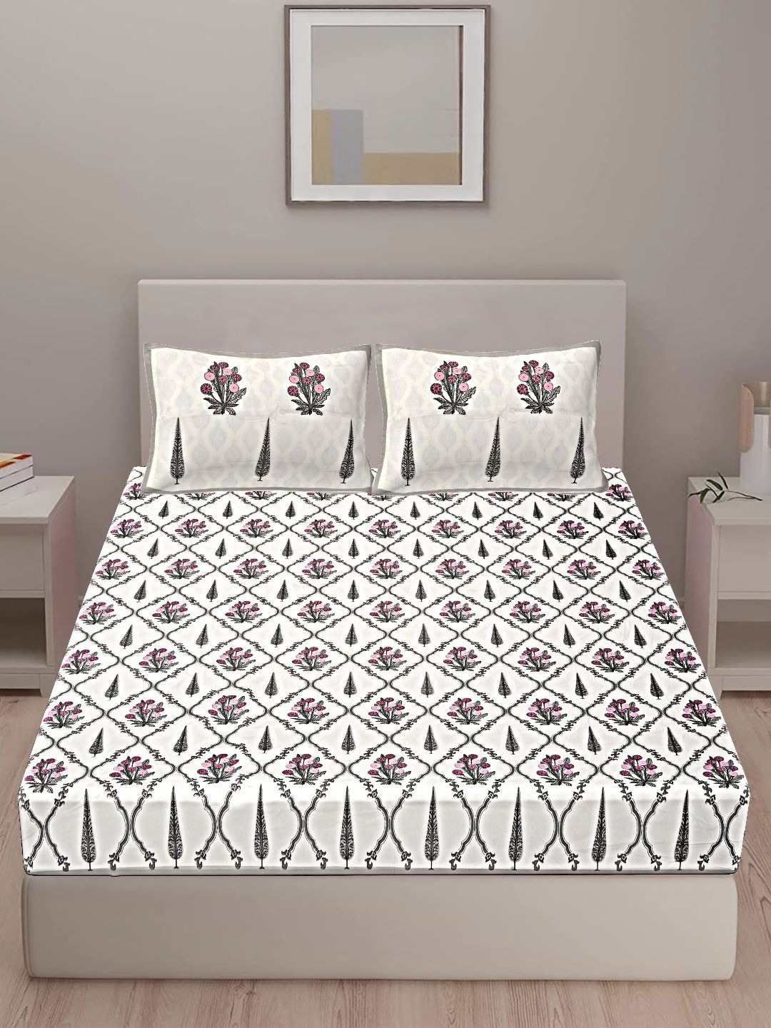 VANI E Sanganeri Grey & White Floral Pure Cotton 250 TC King Bedsheet With 2 Pillow Covers
VANI E Sanganeri Grey & White Floral Pure Cotton 250 TC King Bedsheet With 2 Pillow Covers