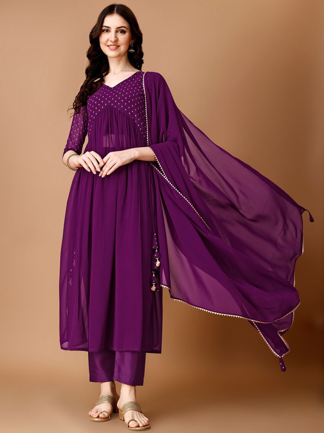 TextileNow Floral Printed Foil Printed Empire Anarkali Alia Kurta With Trousers & Dupatta, Purple
TextileNow Floral Printed Foil Printed Empire Anarkali Alia Kurta With Trousers & Dupatta, Purple