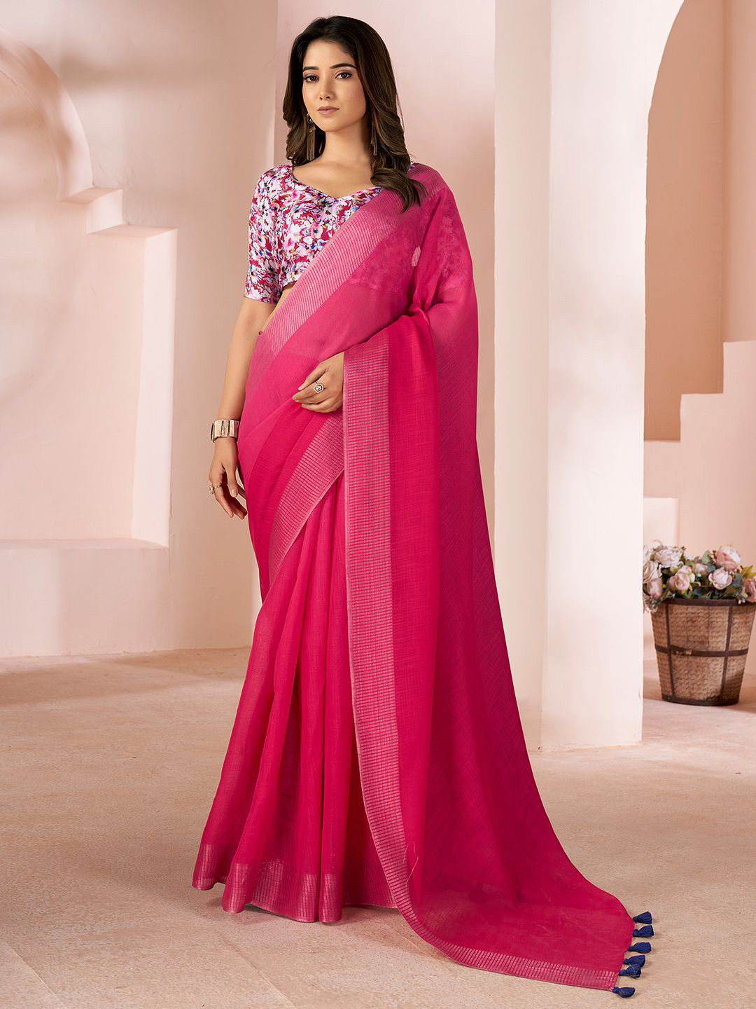 Mitera Pure Linen Tassel Saree with Printed Blouse, Pink 
Mitera Pure Linen Tassel Saree with Printed Blouse, Pink