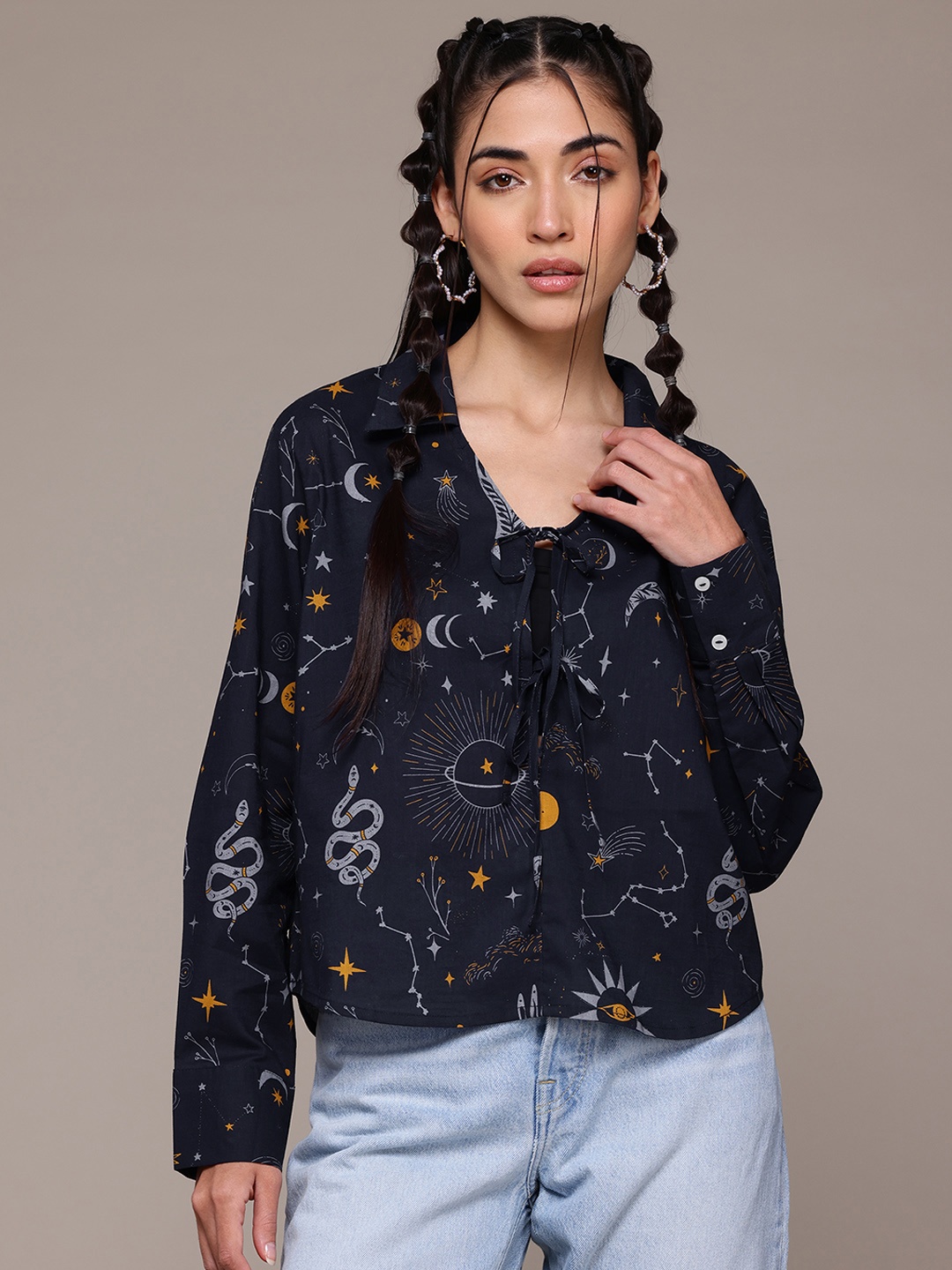 The Roadster Lifestyle Co. Conversational Print Tie-Up Neck Pure Cotton Top, Navy blue
The Roadster Lifestyle Co. Conversational Print Tie-Up Neck Pure Cotton Top, Navy blue