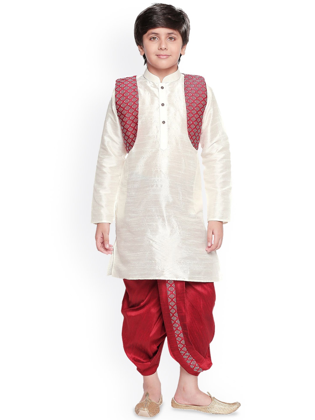 BAESD Boys Mandarin Collar Silk Cotton Straight Kurta with Dhoti Pants & Jacket, Off white
BAESD Boys Mandarin Collar Silk Cotton Straight Kurta with Dhoti Pants & Jacket, Off white