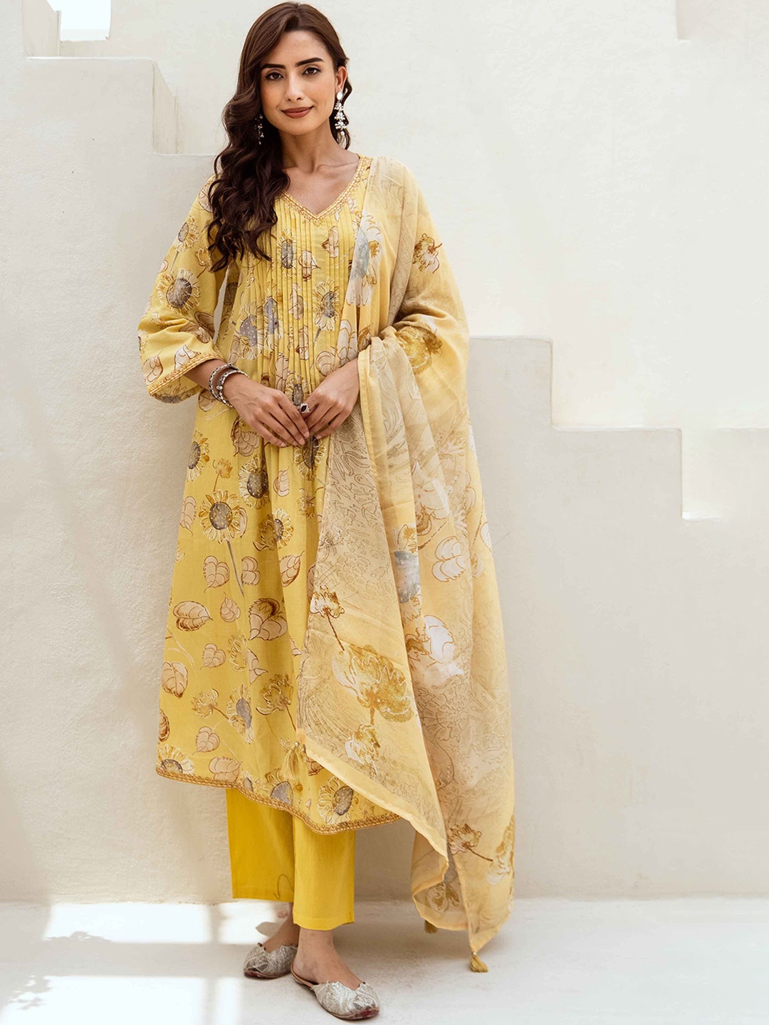 KALINI Floral Printed A-Line Sequinned Pure Cotton Kurta with Trousers & With Dupatta, Yellow
KALINI Floral Printed A-Line Sequinned Pure Cotton Kurta with Trousers & With Dupatta, Yellow