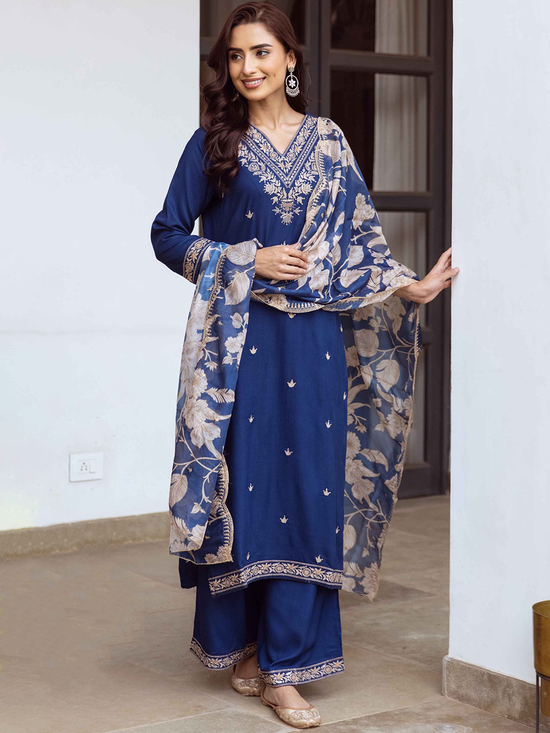KALINI Floral Embroidered Thread Work Straight Kurta With Palazzos & Dupatta, Blue
KALINI Floral Embroidered Thread Work Straight Kurta With Palazzos & Dupatta, Blue