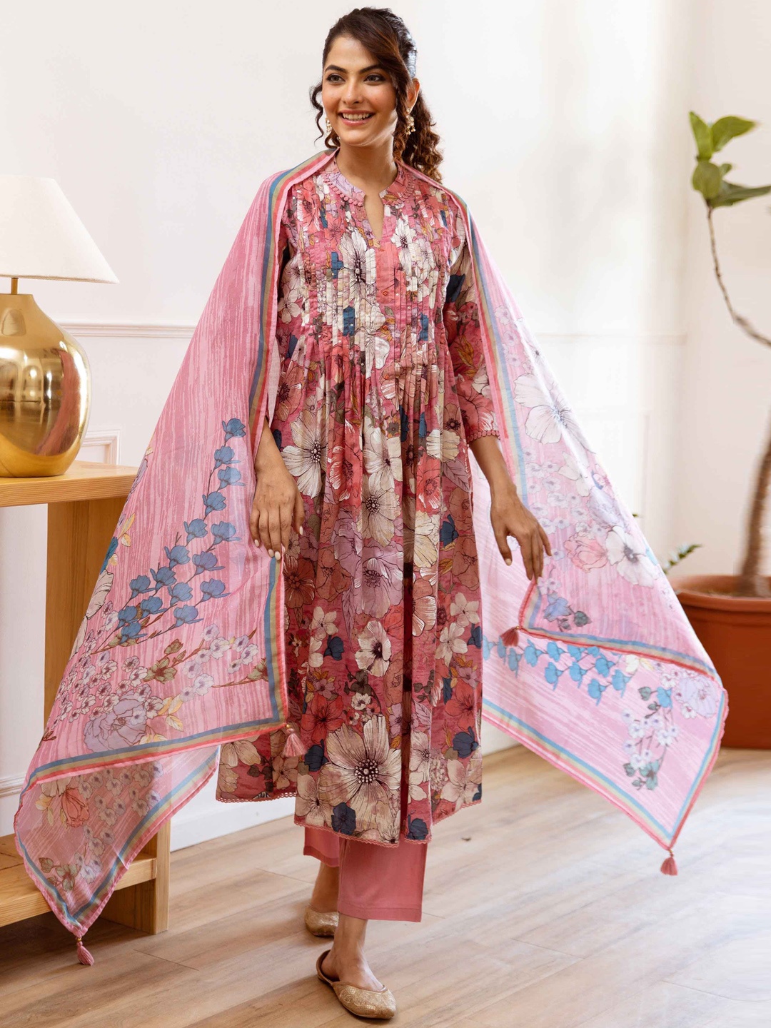 KALINI Floral Printed Sequinned Pure Cotton A-Line Kurta With Trousers & Dupatta, Pink
KALINI Floral Printed Sequinned Pure Cotton A-Line Kurta With Trousers & Dupatta, Pink