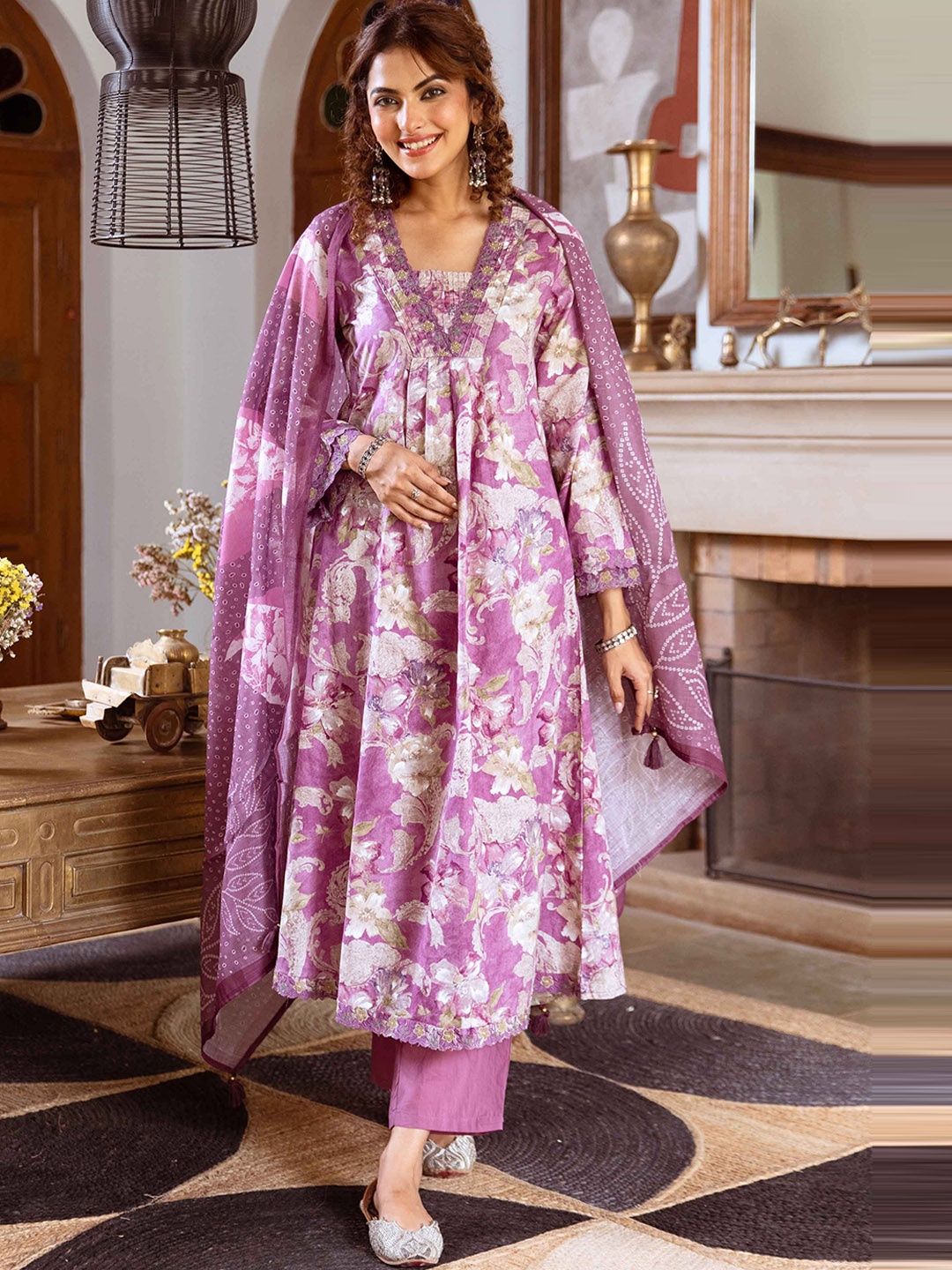 KALINI Floral Printed Beads and Stones Pure Cotton A-Line Kurta With Trousers & Dupatta, Purple
KALINI Floral Printed Beads and Stones Pure Cotton A-Line Kurta With Trousers & Dupatta, Purple