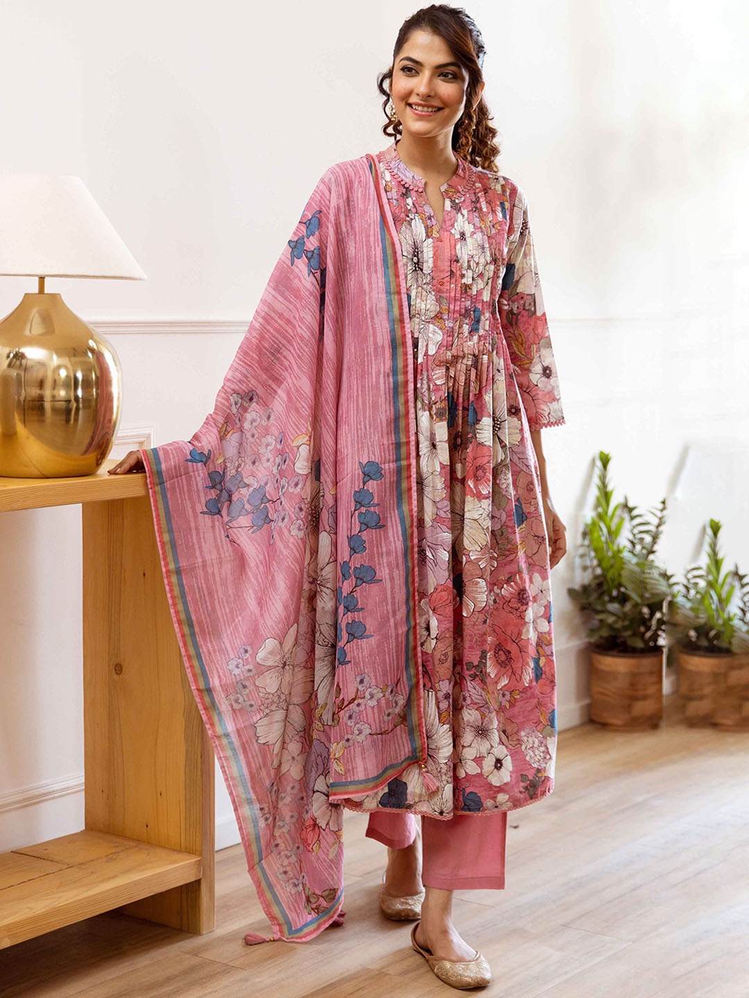 Nehamta Floral Printed A-Line Sequinned Pure Cotton Kurta with Trousers & Dupatta, Pink
Nehamta Floral Printed A-Line Sequinned Pure Cotton Kurta with Trousers & Dupatta, Pink