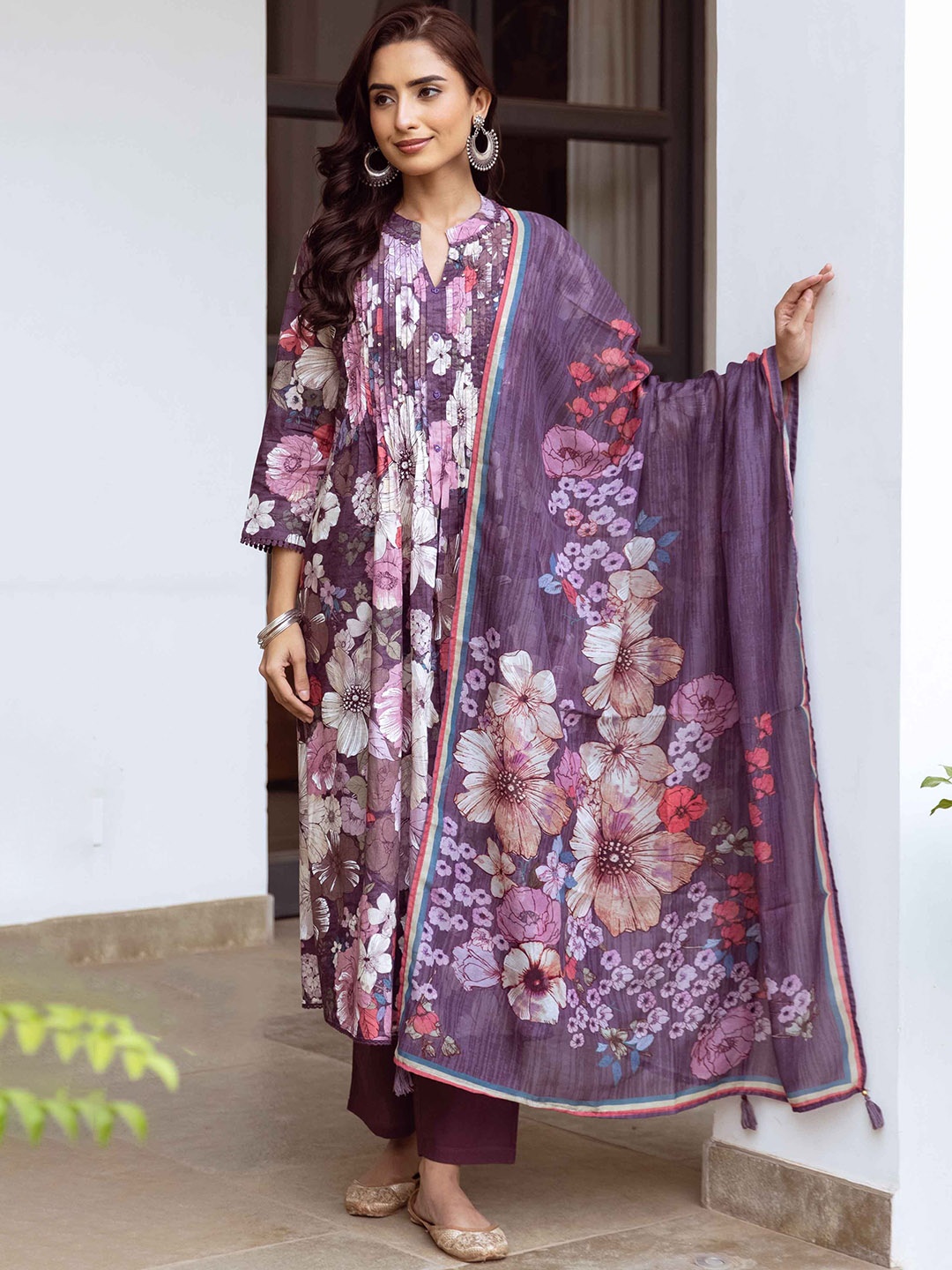 Nehamta Floral Printed Pleated A-Line Sequinned Pure Cotton Kurta with Palazzos & Dupatta, Purple
Nehamta Floral Printed Pleated A-Line Sequinned Pure Cotton Kurta with Palazzos & Dupatta, Purple