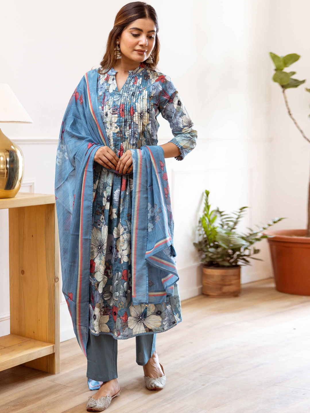 Nehamta Floral Printed A-Line Sequinned Pure Cotton Kurta with Trousers & Dupatta, Blue
Nehamta Floral Printed A-Line Sequinned Pure Cotton Kurta with Trousers & Dupatta, Blue