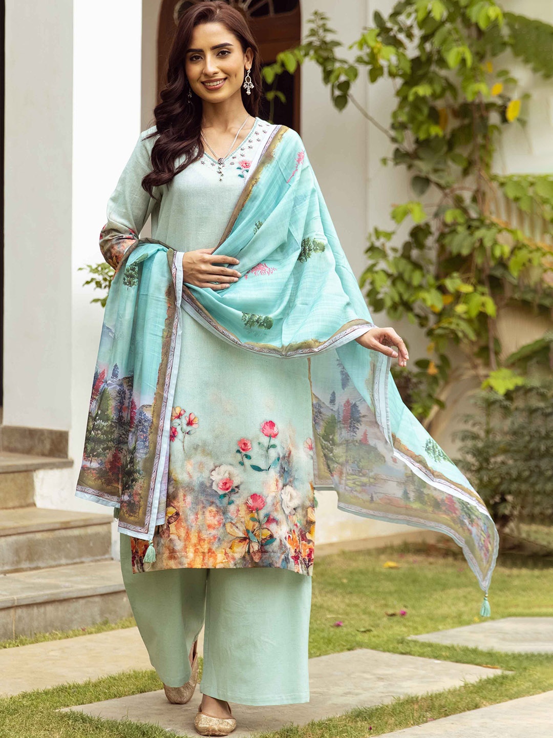 Nehamta Floral Printed Aari Work Linen Straight Kurta With Palazzos & Dupatta, Green
Nehamta Floral Printed Aari Work Linen Straight Kurta With Palazzos & Dupatta, Green