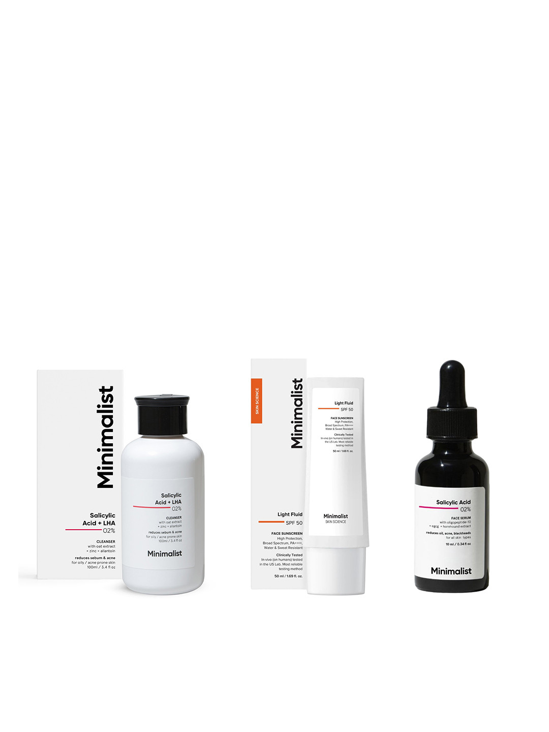 Minimalist Set of SPF50 Face Sunscreen + Salicylic Acid Face Serum & Face Wash, White
Minimalist Set of SPF50 Face Sunscreen + Salicylic Acid Face Serum & Face Wash, White