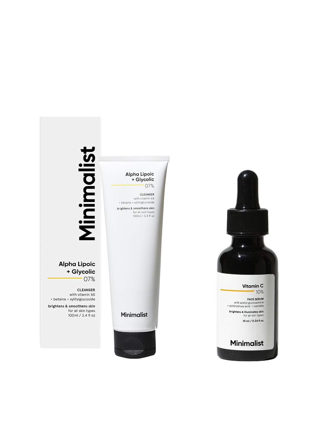 Minimalist Set of Vitamin C 10% Face Serum - 10 ml & 7% ALA&AHA Face Wash - 100 ml, White
Minimalist Set of Vitamin C 10% Face Serum - 10 ml & 7% ALA&AHA Face Wash - 100 ml, White