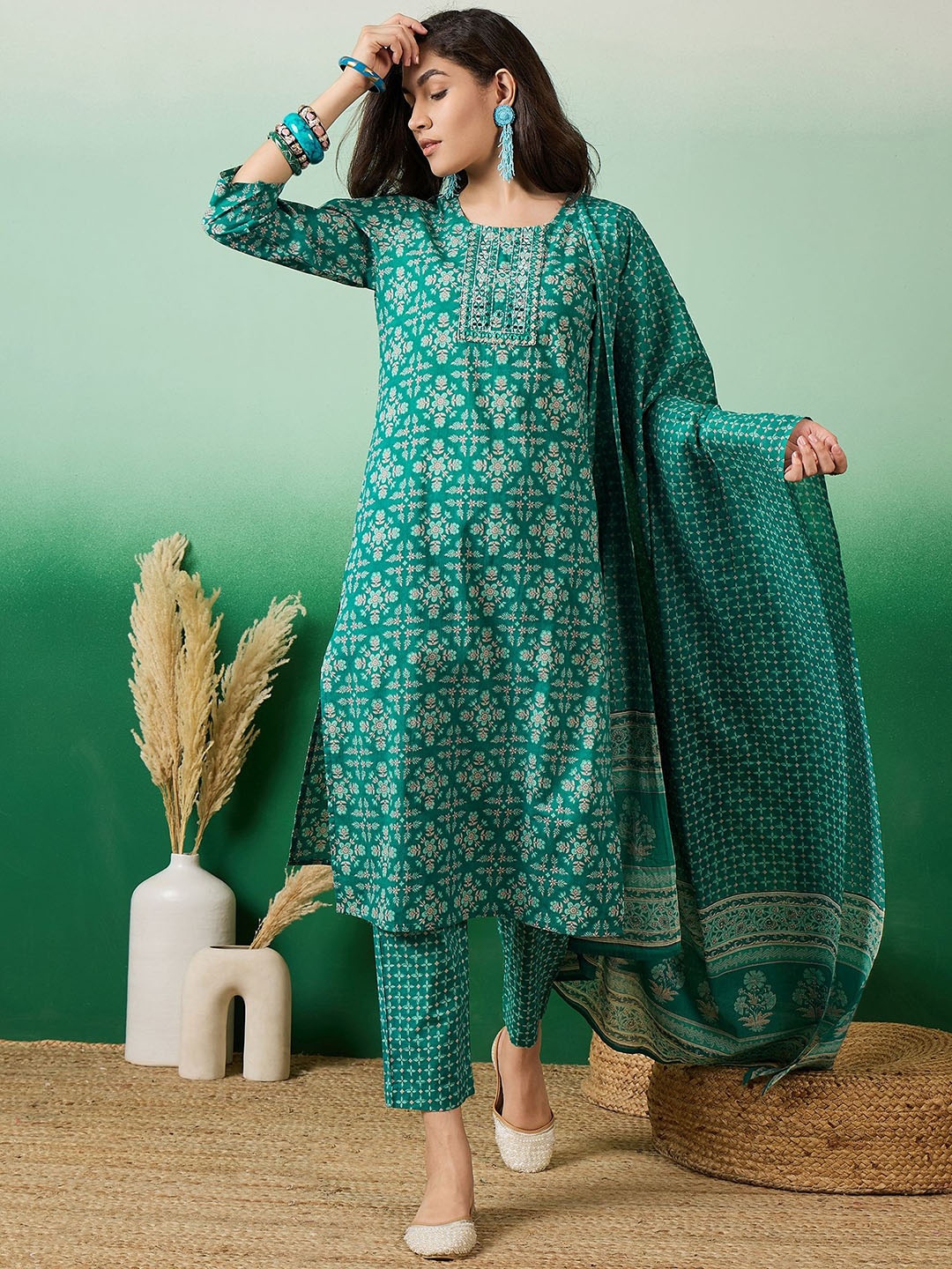 Vastramyaa Floral Printed Mirror Work Pure Cotton Straight Kurta With Trousers & Dupatta, Sea green
Vastramyaa Floral Printed Mirror Work Pure Cotton Straight Kurta With Trousers & Dupatta, Sea green