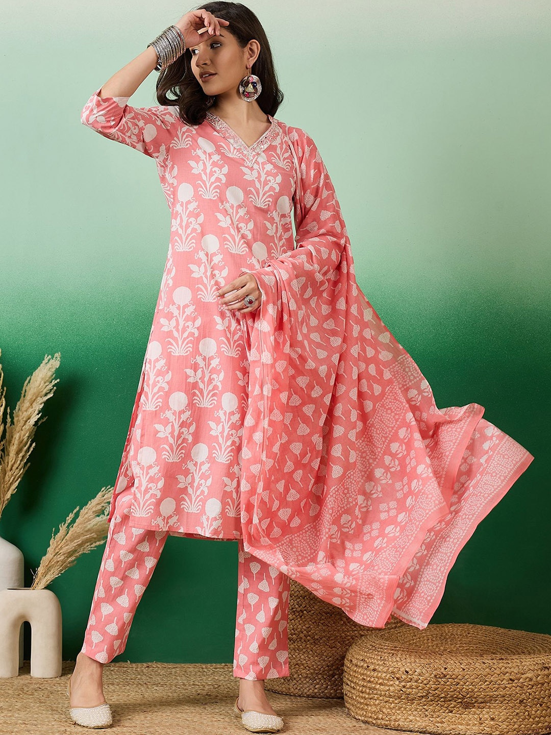 Vastramyaa Floral Printed Mirror Work Pure Cotton Straight Kurta With Trousers & Dupatta, Peach
Vastramyaa Floral Printed Mirror Work Pure Cotton Straight Kurta With Trousers & Dupatta, Peach