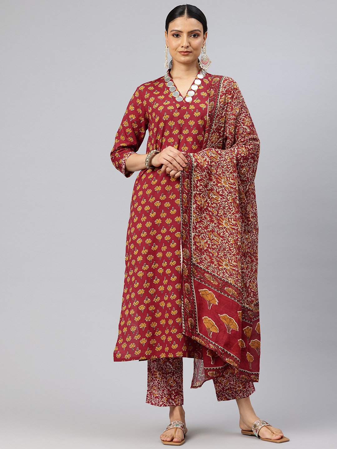 Yuris Floral Printed Mirror Work Pure Cotton Kurta With Trousers & Dupatta, Red
Yuris Floral Printed Mirror Work Pure Cotton Kurta With Trousers & Dupatta, Red