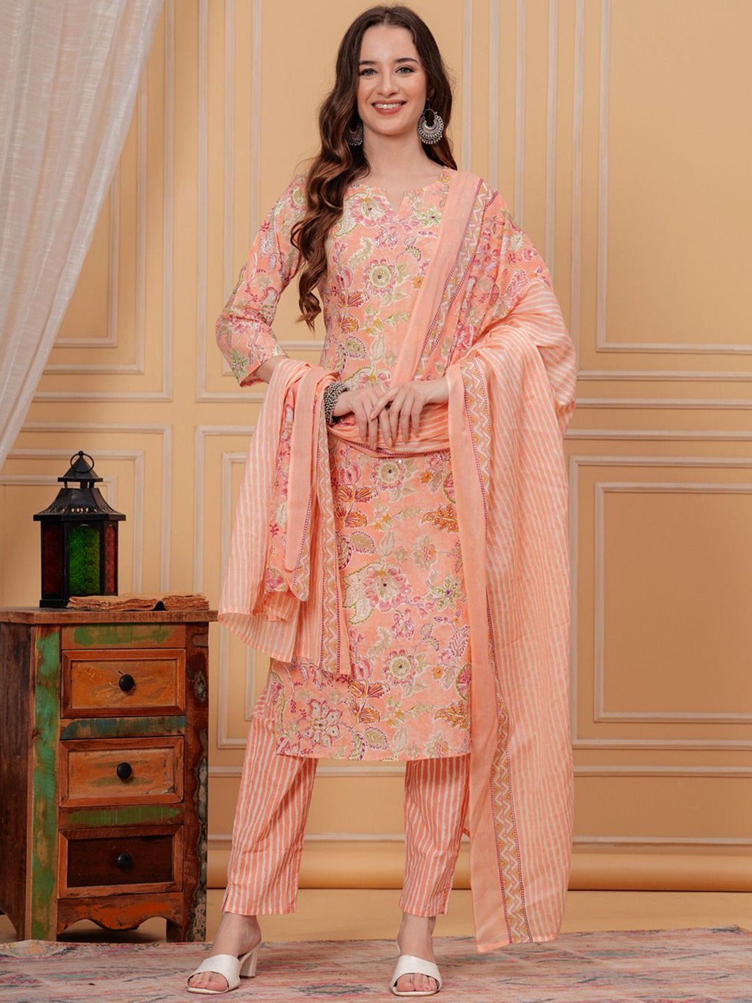 JVSP FASHION Floral Printed Sequinned Pure Cotton Straight Kurta with Trousers & Dupatta, Orange
JVSP FASHION Floral Printed Sequinned Pure Cotton Straight Kurta with Trousers & Dupatta, Orange