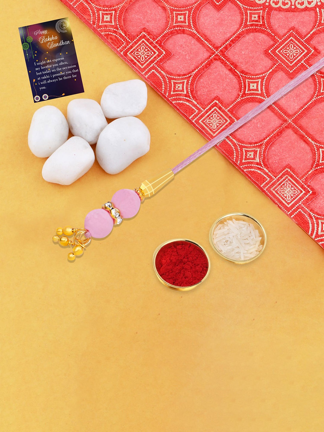 Silver Shine Stone Studded & Beaded Rakhi With Kankawati Pooja Thali & Roli Chawal, Pink
Silver Shine Stone Studded & Beaded Rakhi With Kankawati Pooja Thali & Roli Chawal, Pink