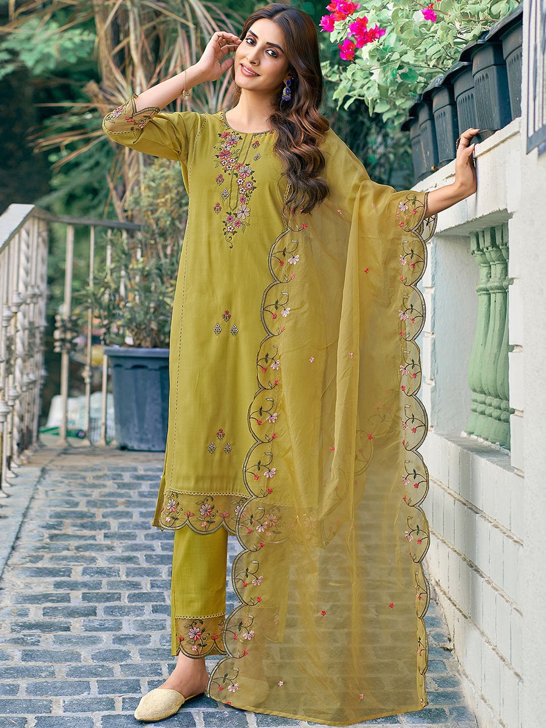 KALINI Floral Embroidered Straight Thread Work Kurta with Trousers & Dupatta, Mustard
KALINI Floral Embroidered Straight Thread Work Kurta with Trousers & Dupatta, Mustard
