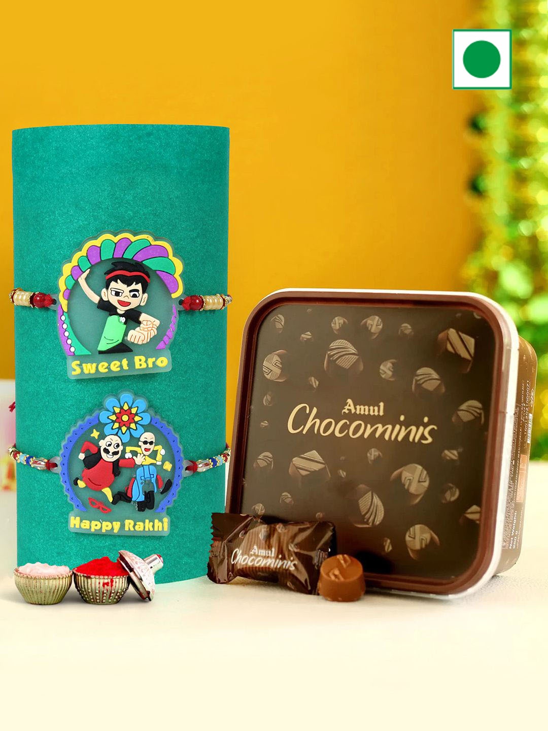 TIED RIBBONS Set of 2 Cartoon Rakhis with Chocolate Gift Hamper with Card & Roli Chawal, Red
TIED RIBBONS Set of 2 Cartoon Rakhis with Chocolate Gift Hamper with Card & Roli Chawal, Red