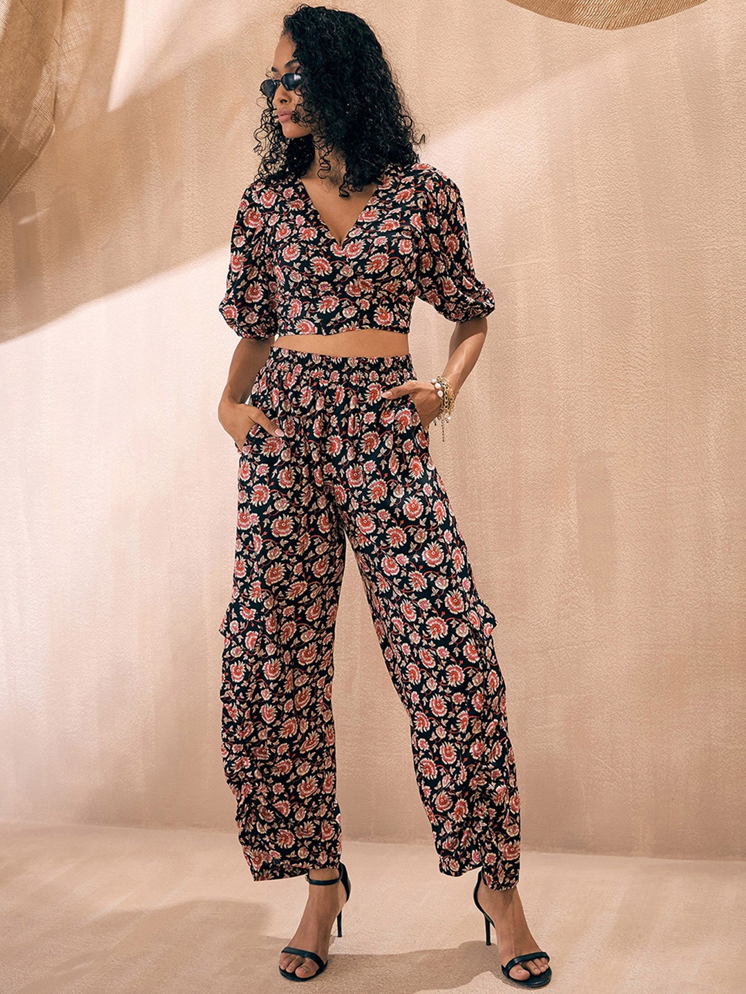 Pink Paprika by SASSAFRAS Printed Puffed Sleeves Wrap Crop Top With Cargo Ruched Trouser, Black
Pink Paprika by SASSAFRAS Printed Puffed Sleeves Wrap Crop Top With Cargo Ruched Trouser, Black